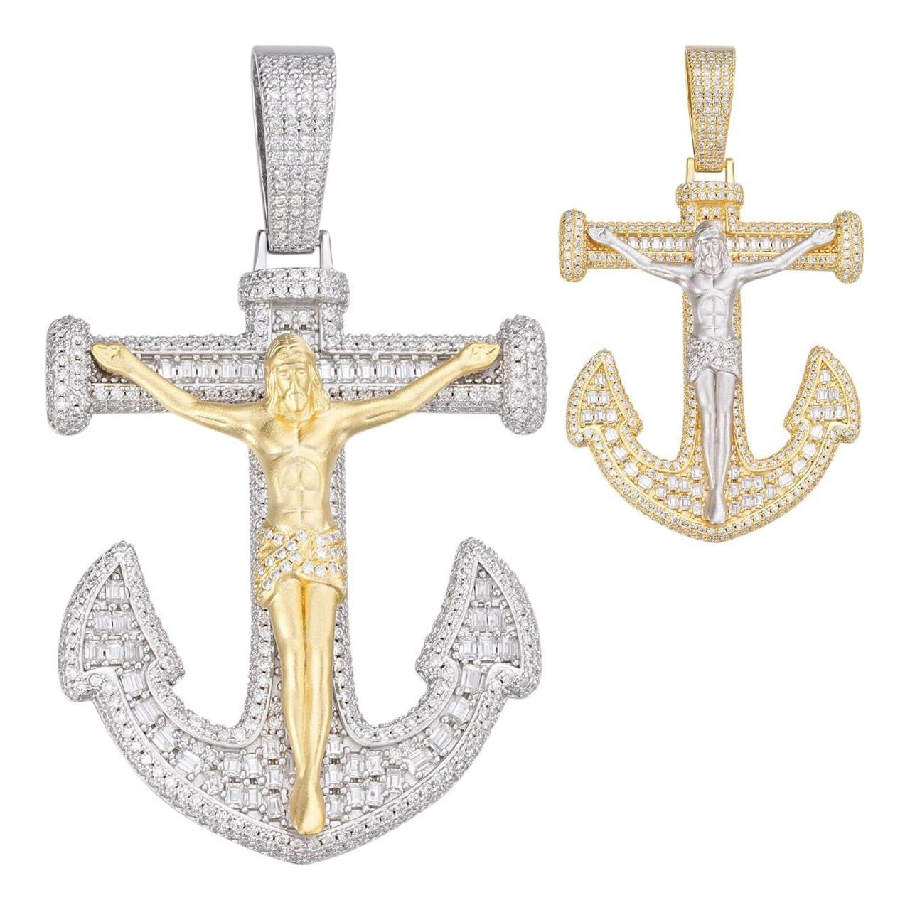 MOISSANITE Jesus On Anchor Cross Pendant - 14k Gold Vermeil or 925 Silver - Large 2.5"