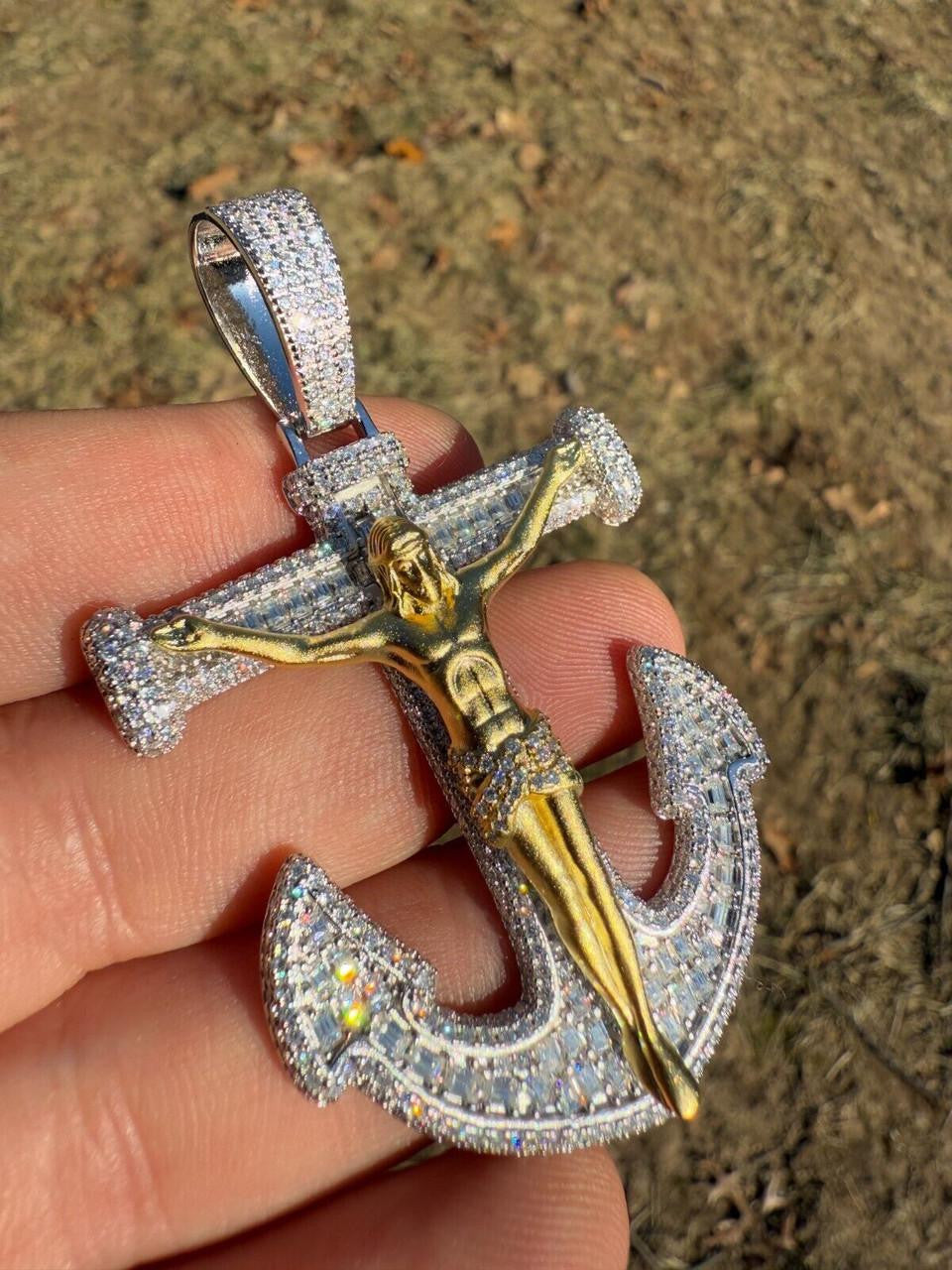 MOISSANITE Jesus On Anchor Cross Pendant - 14k Gold Vermeil or 925 Silver - Large 2.5"