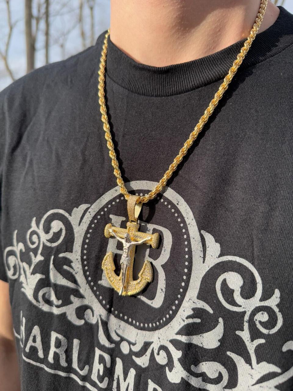 MOISSANITE Jesus On Anchor Cross Pendant - 14k Gold Vermeil or 925 Silver - Large 2.5"