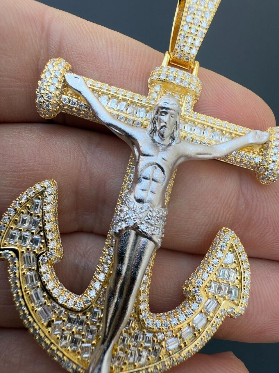 MOISSANITE Jesus On Anchor Cross Pendant - 14k Gold Vermeil or 925 Silver - Large 2.5"