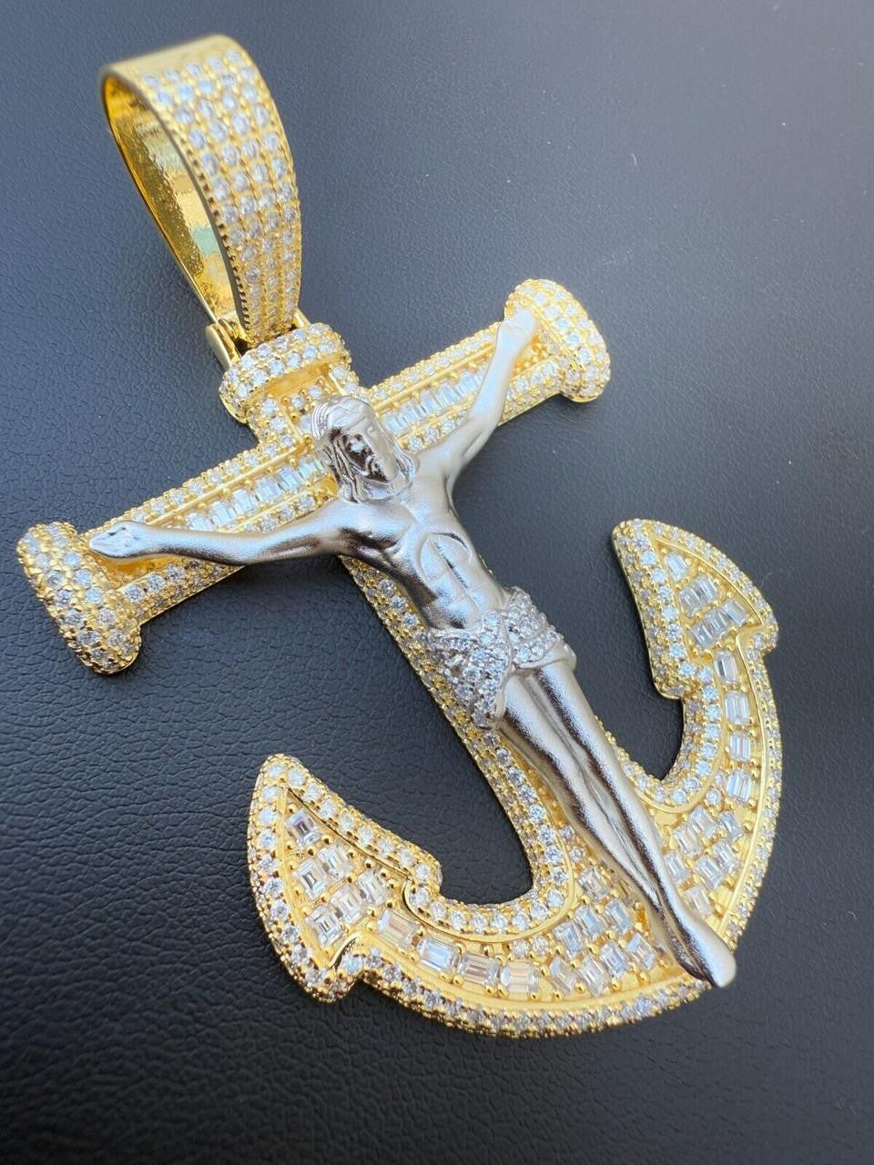 MOISSANITE Jesus On Anchor Cross Pendant - 14k Gold Vermeil or 925 Silver - Large 2.5"