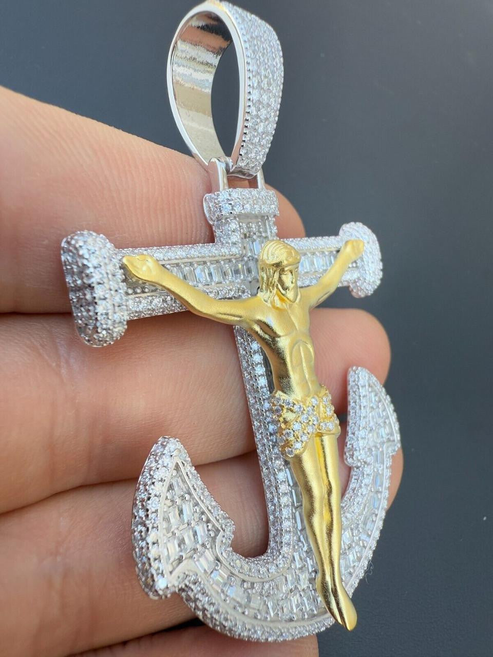 MOISSANITE Jesus On Anchor Cross Pendant - 14k Gold Vermeil or 925 Silver - Large 2.5"