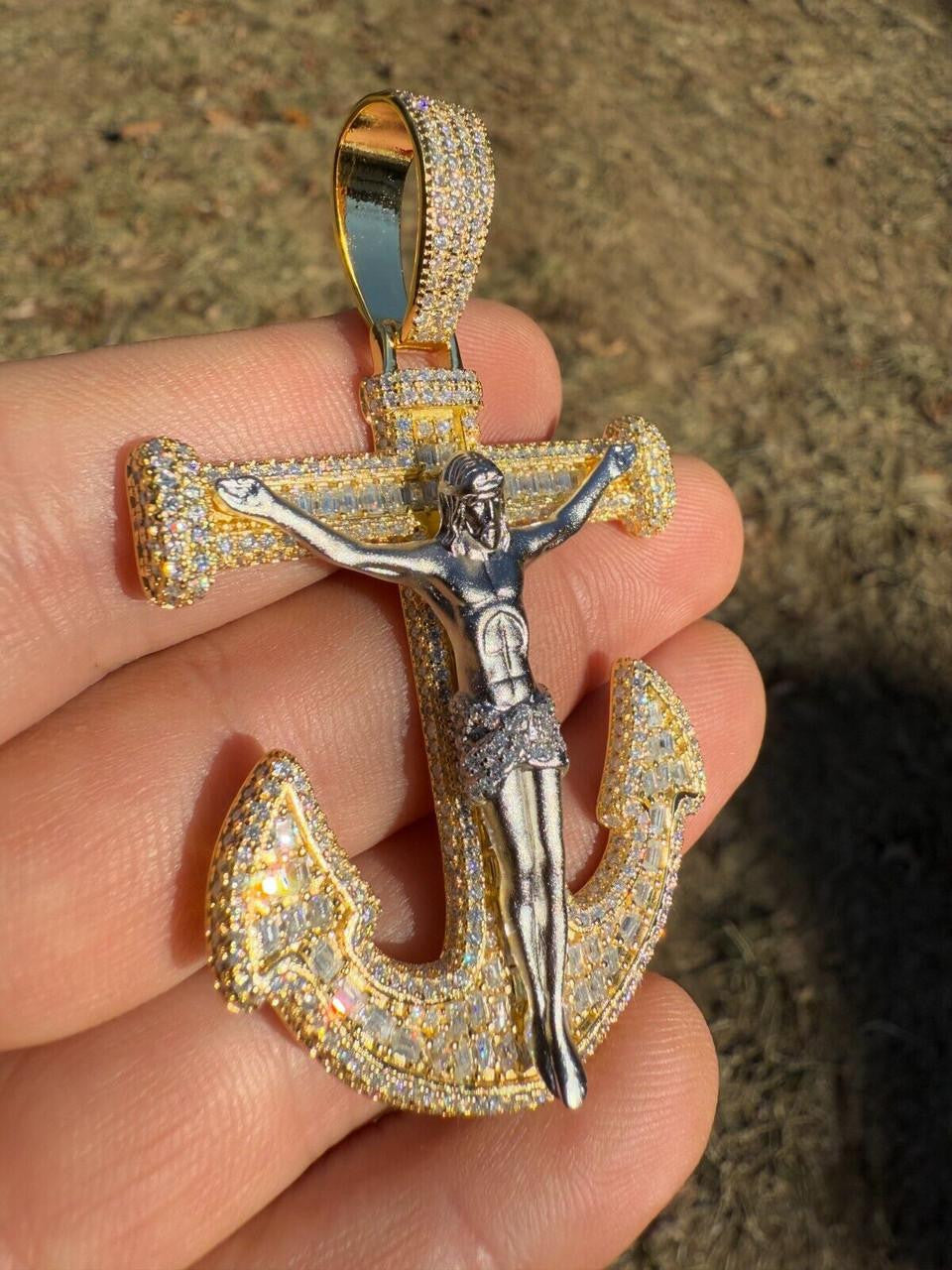 MOISSANITE Jesus On Anchor Cross Pendant - 14k Gold Vermeil or 925 Silver - Large 2.5"