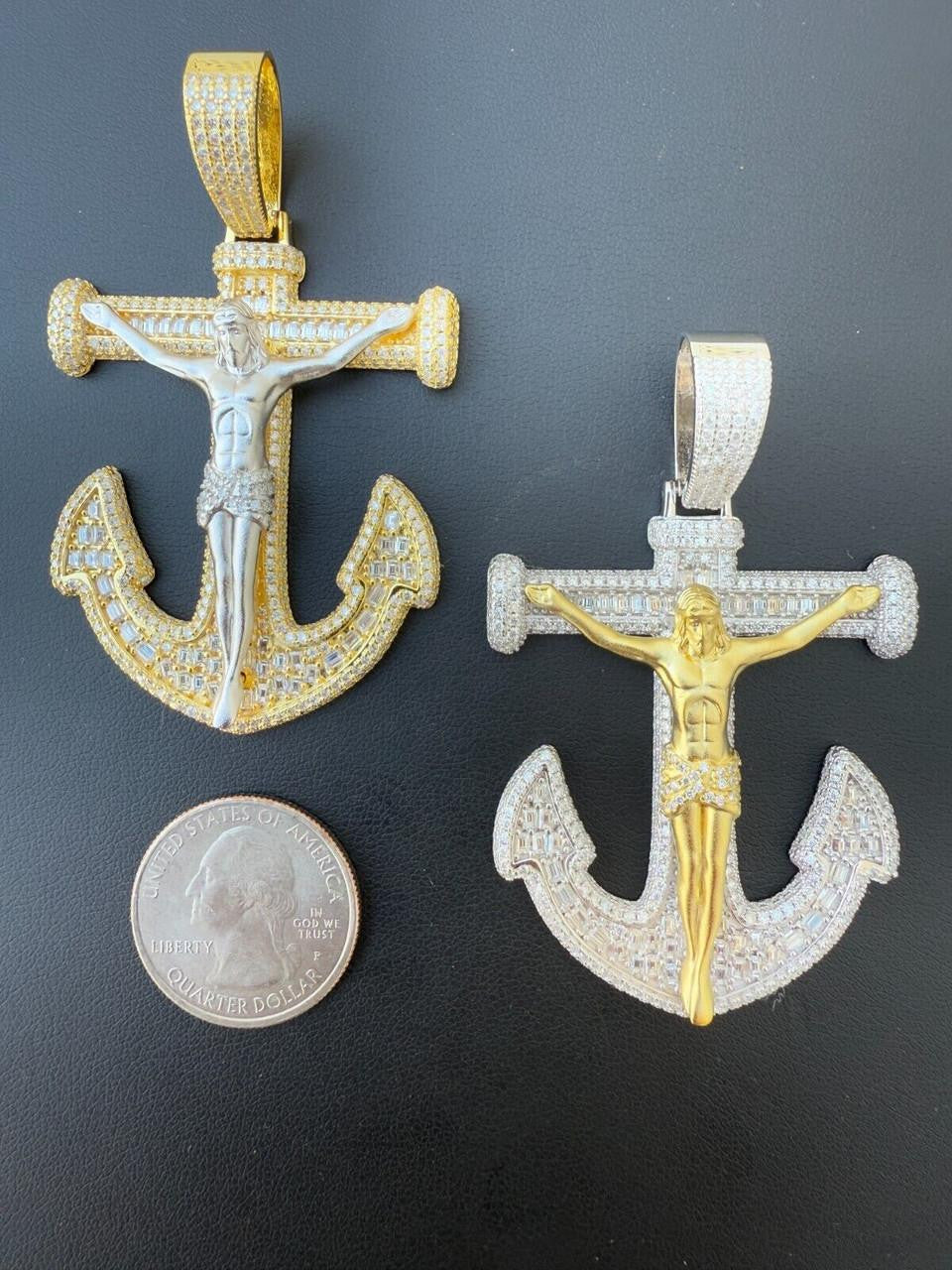 MOISSANITE Jesus On Anchor Cross Pendant - 14k Gold Vermeil or 925 Silver - Large 2.5"