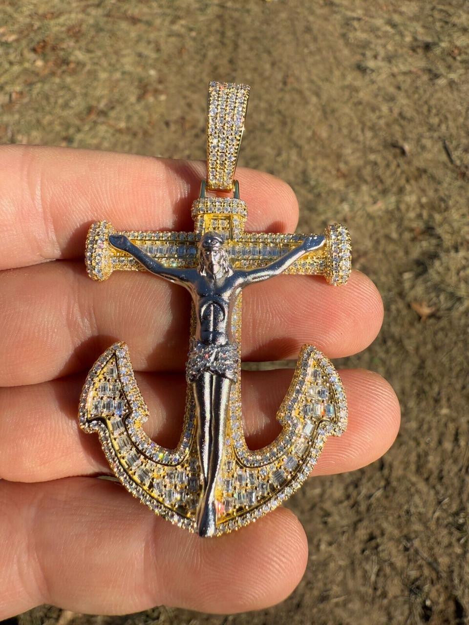 MOISSANITE Jesus On Anchor Cross Pendant - 14k Gold Vermeil or 925 Silver - Large 2.5"