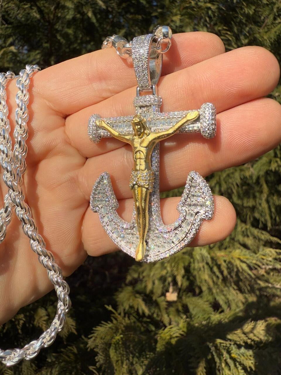 MOISSANITE Jesus On Anchor Cross Pendant - 14k Gold Vermeil or 925 Silver - Large 2.5"