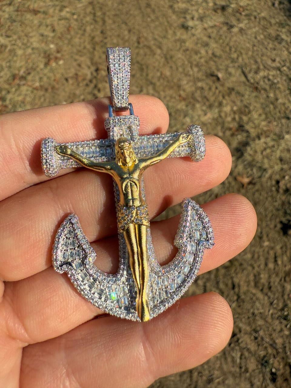 MOISSANITE Jesus On Anchor Cross Pendant - 14k Gold Vermeil or 925 Silver - Large 2.5"