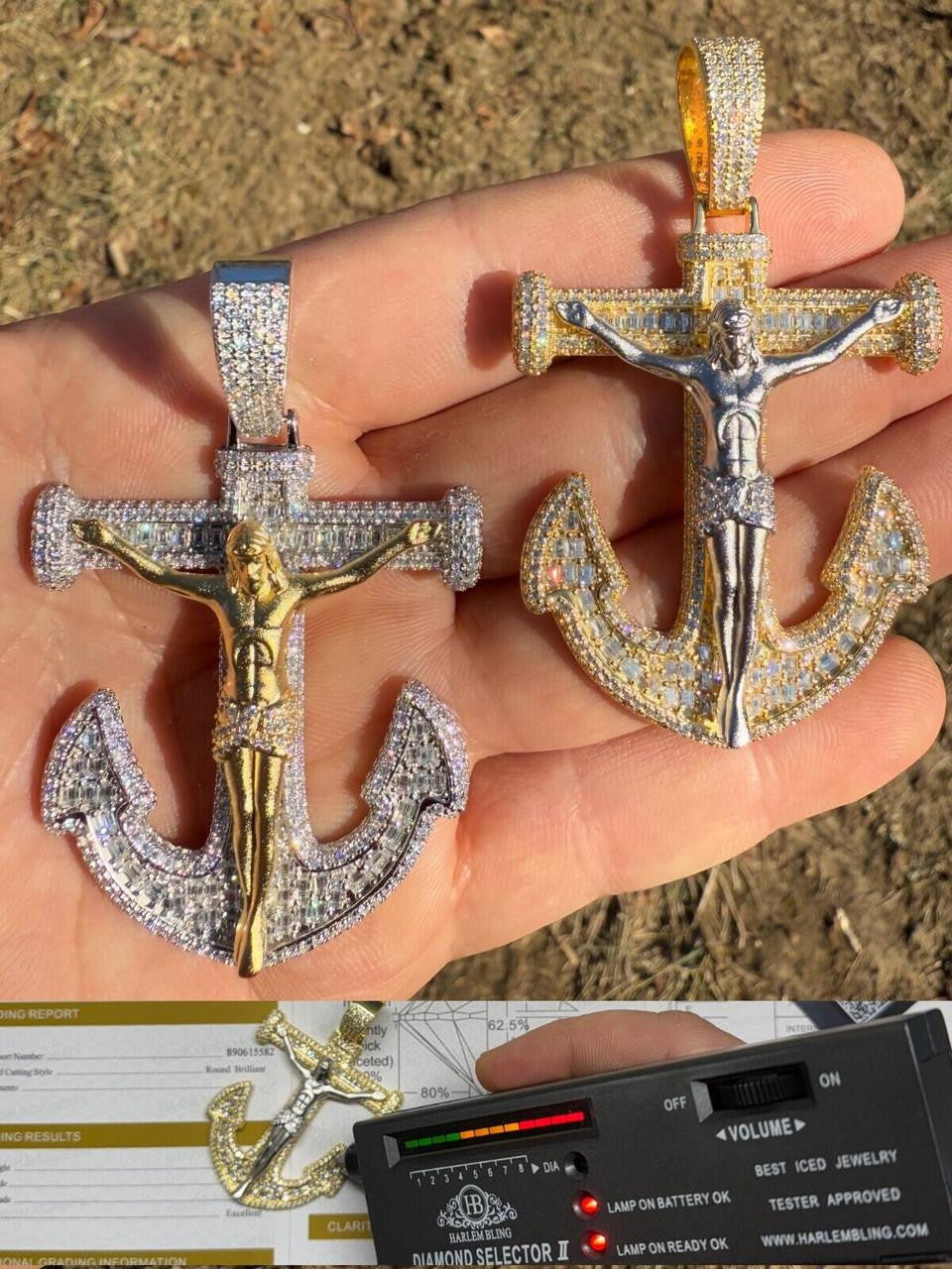 MOISSANITE Jesus On Anchor Cross Pendant - 14k Gold Vermeil or 925 Silver - Large 2.5"