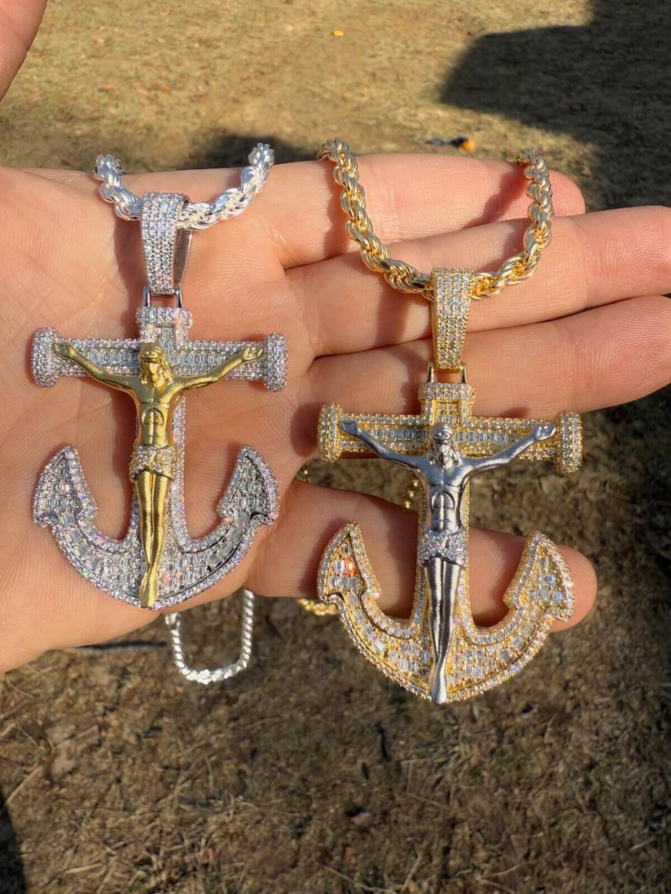 MOISSANITE Jesus On Anchor Cross Pendant - 14k Gold Vermeil or 925 Silver - Large 2.5"