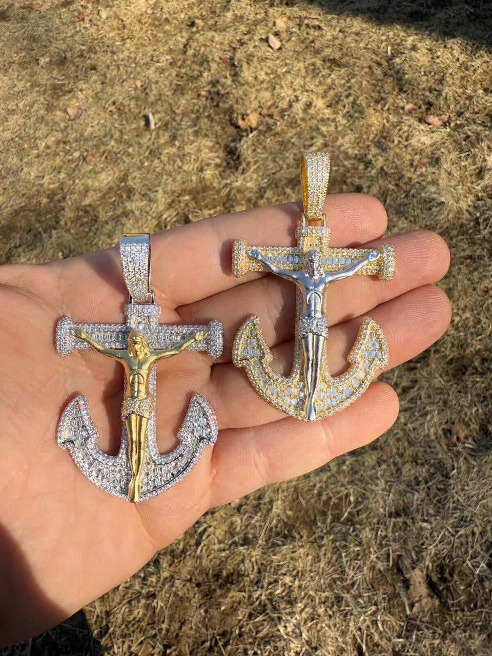 MOISSANITE Jesus On Anchor Cross Pendant - 14k Gold Vermeil or 925 Silver - Large 2.5"