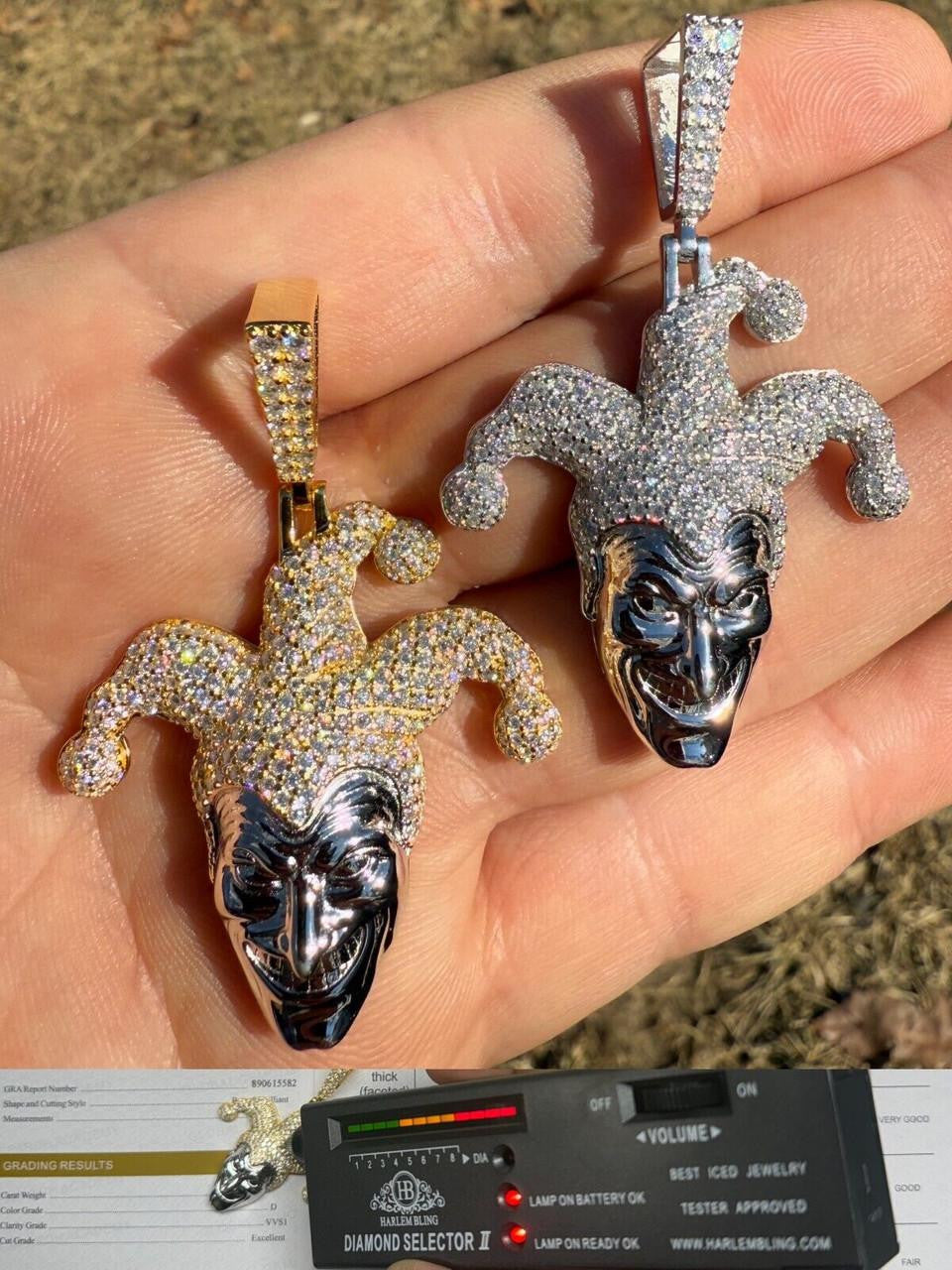 MOISSANITE Joker Jester Iced Out Pendant - 14k Yellow Gold Vermeil Or 925 Silver - Medium 2"