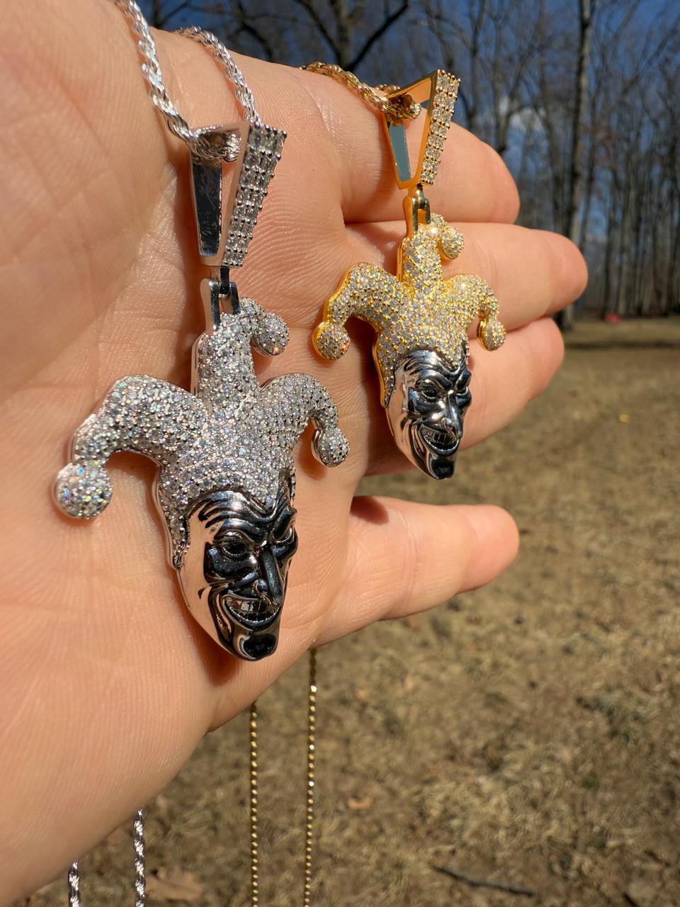 MOISSANITE Joker Jester Iced Out Pendant - 14k Yellow Gold Vermeil Or 925 Silver - Medium 2"