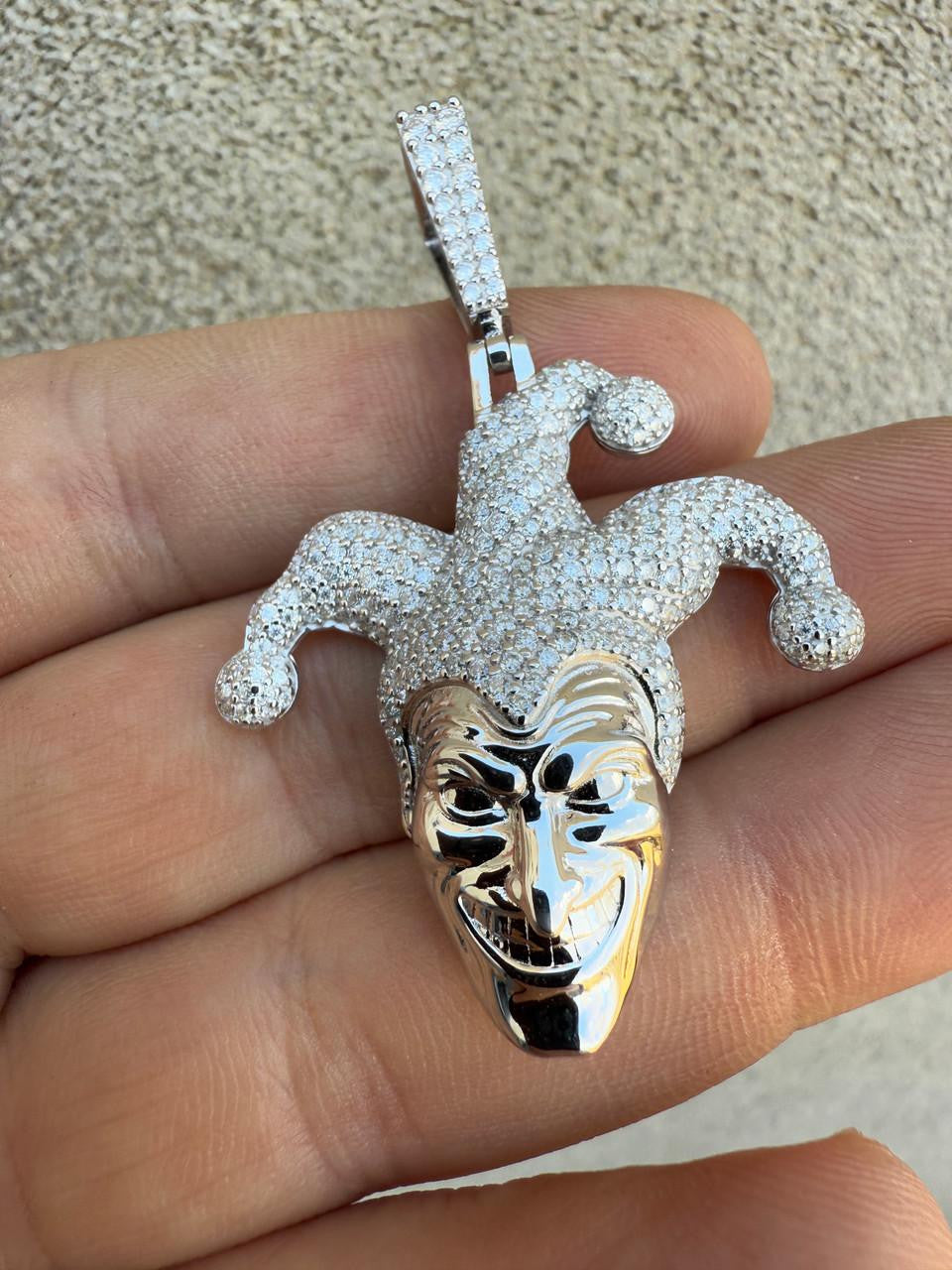 MOISSANITE Joker Jester Iced Out Pendant - 14k Yellow Gold Vermeil Or 925 Silver - Medium 2"