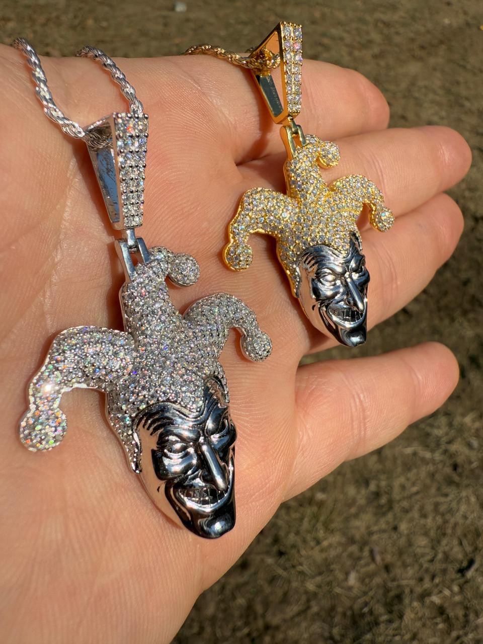 MOISSANITE Joker Jester Iced Out Pendant - 14k Yellow Gold Vermeil Or 925 Silver - Medium 2"