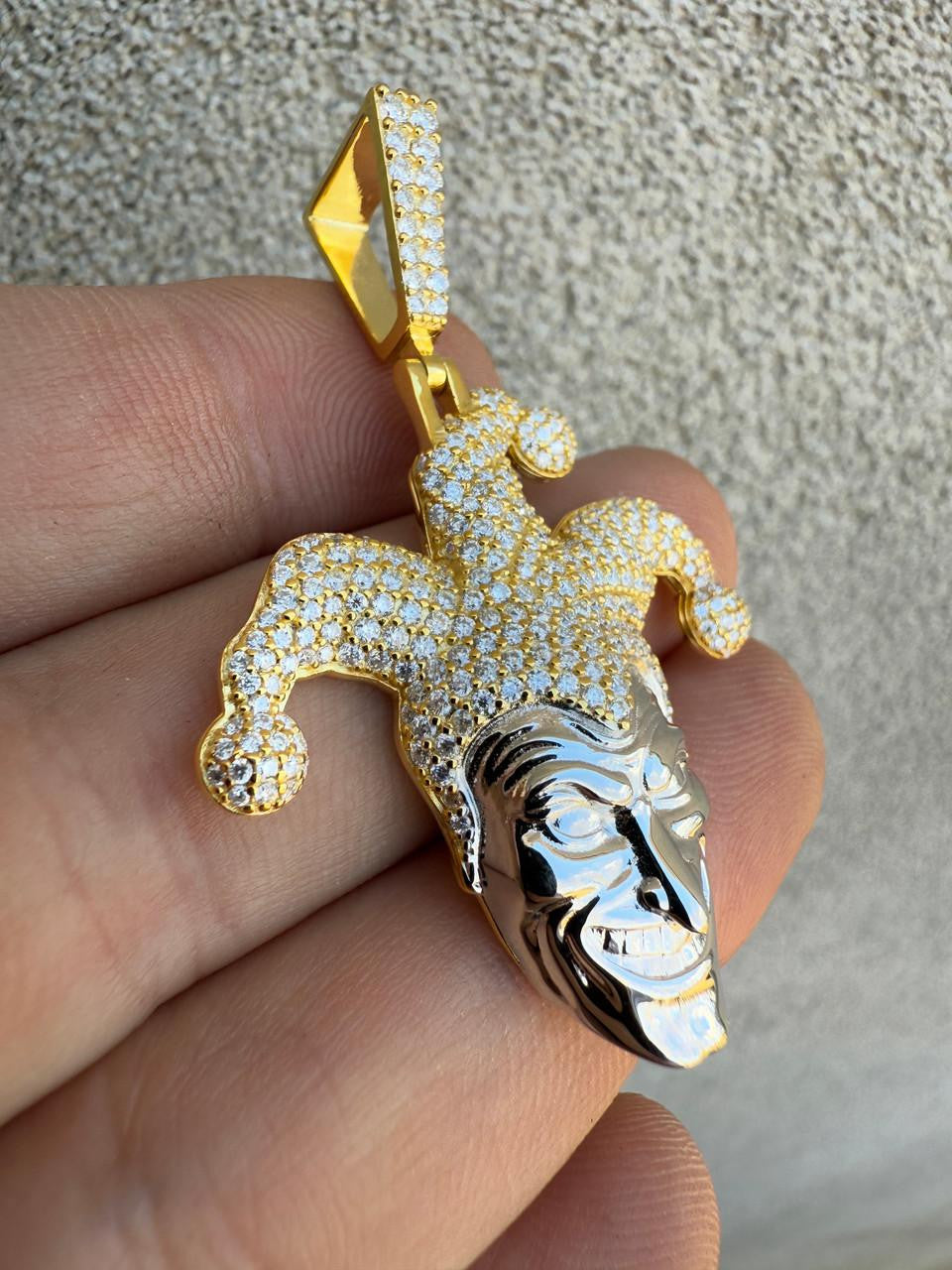 MOISSANITE Joker Jester Iced Out Pendant - 14k Yellow Gold Vermeil Or 925 Silver - Medium 2"