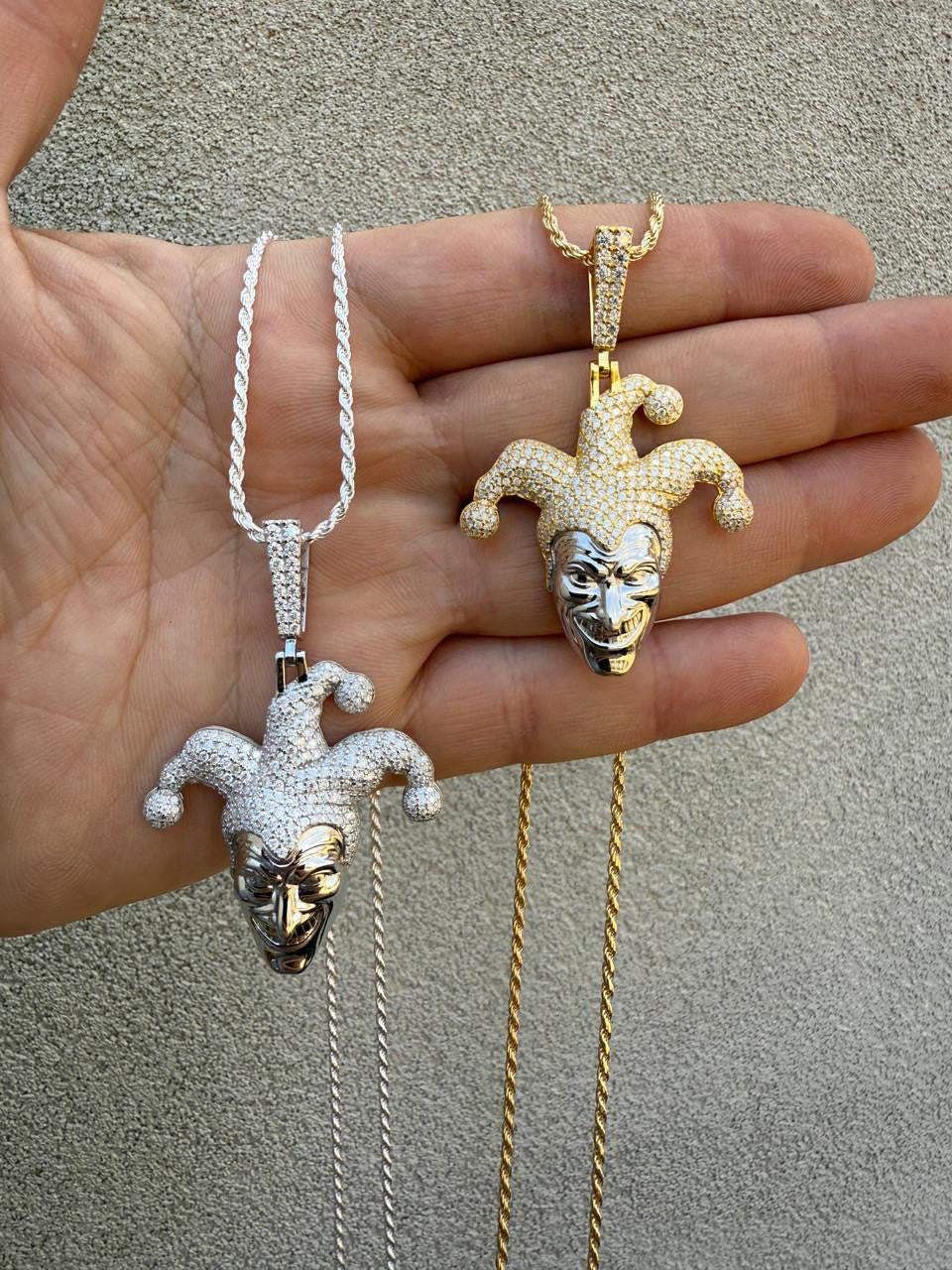 MOISSANITE Joker Jester Iced Out Pendant - 14k Yellow Gold Vermeil Or 925 Silver - Medium 2"