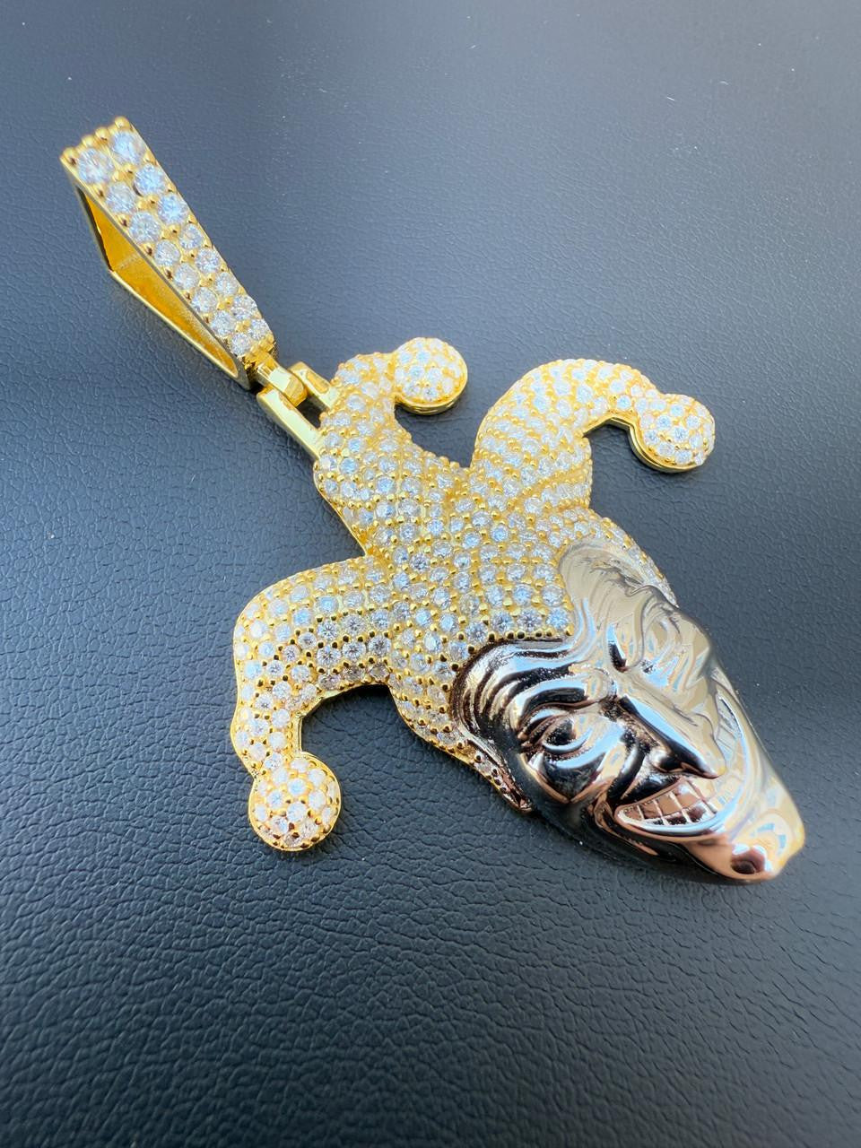 MOISSANITE Joker Jester Iced Out Pendant - 14k Yellow Gold Vermeil Or 925 Silver - Medium 2"