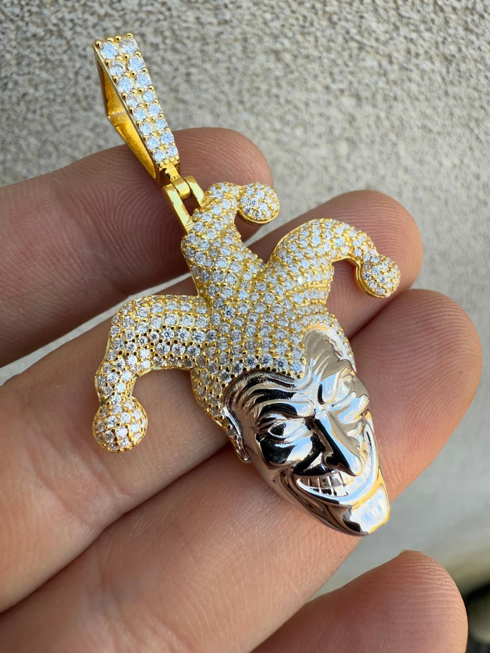 MOISSANITE Joker Jester Iced Out Pendant - 14k Yellow Gold Vermeil Or 925 Silver - Medium 2"