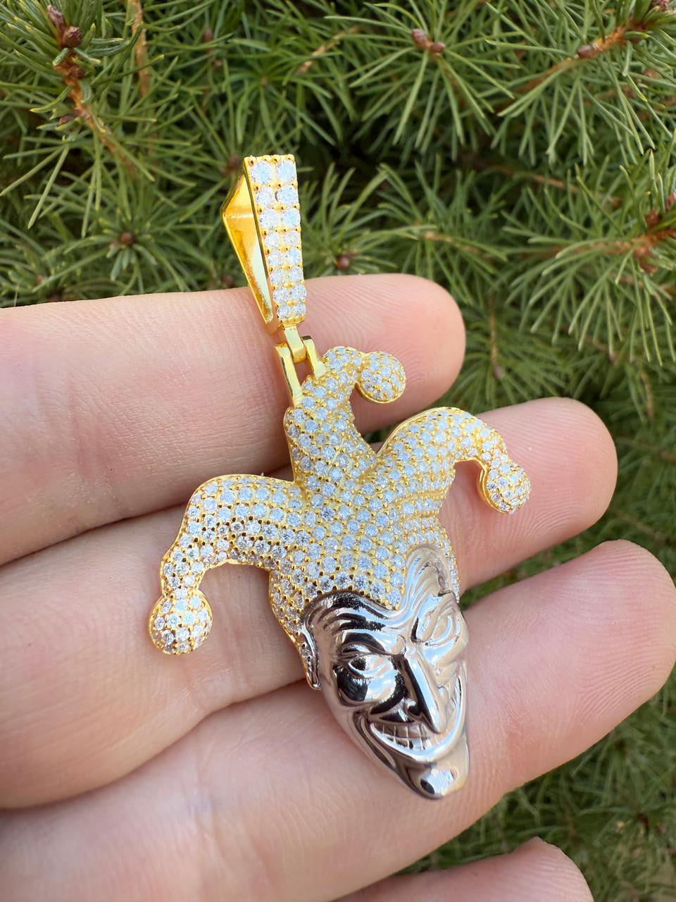 MOISSANITE Joker Jester Iced Out Pendant - 14k Yellow Gold Vermeil Or 925 Silver - Medium 2"