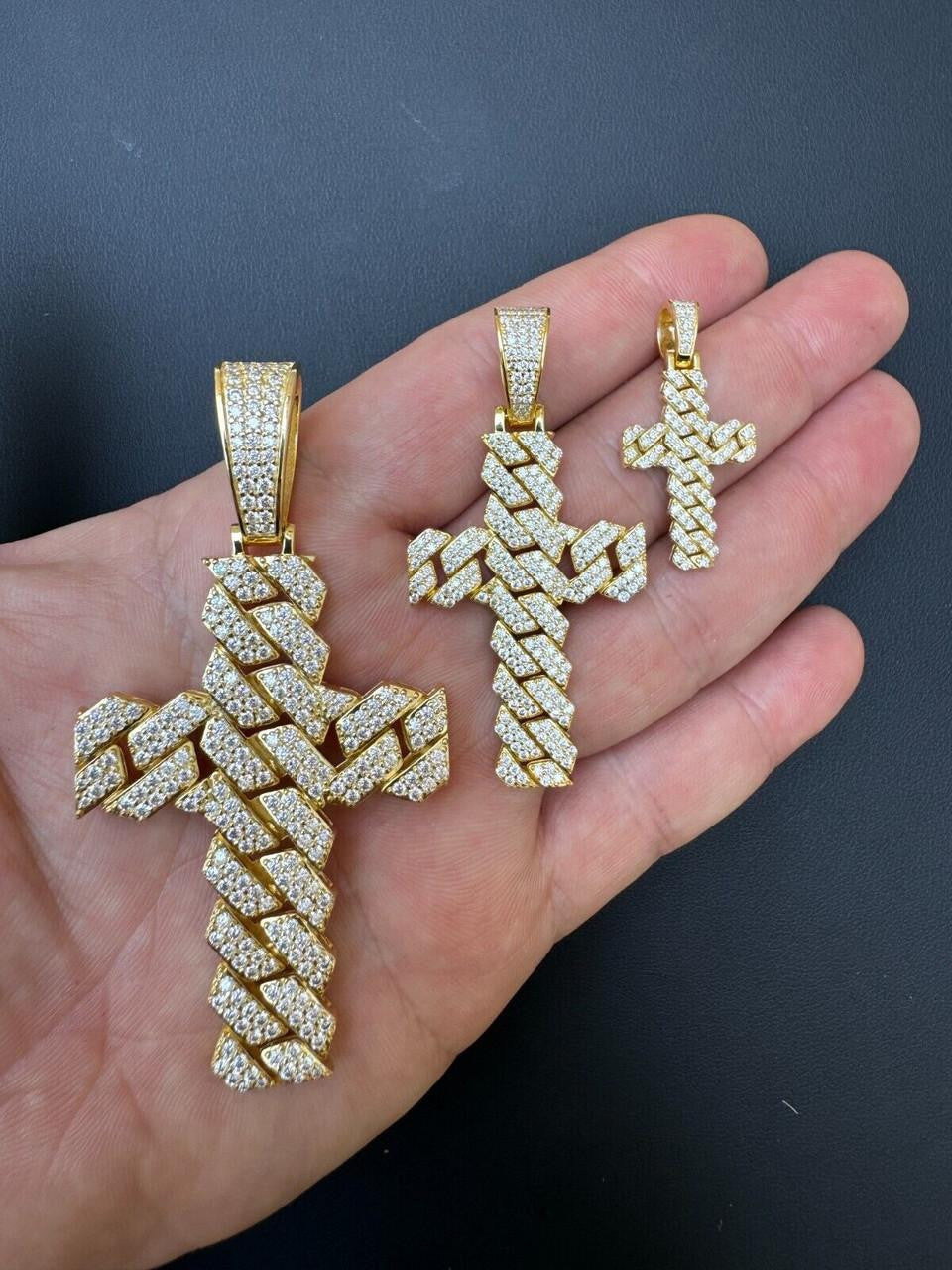 MOISSANITE Miami Cuban Prong Set Cross Pendant - 14k Gold Vermeil 925 Silver - 3 Sizes 1.25"-3.25"