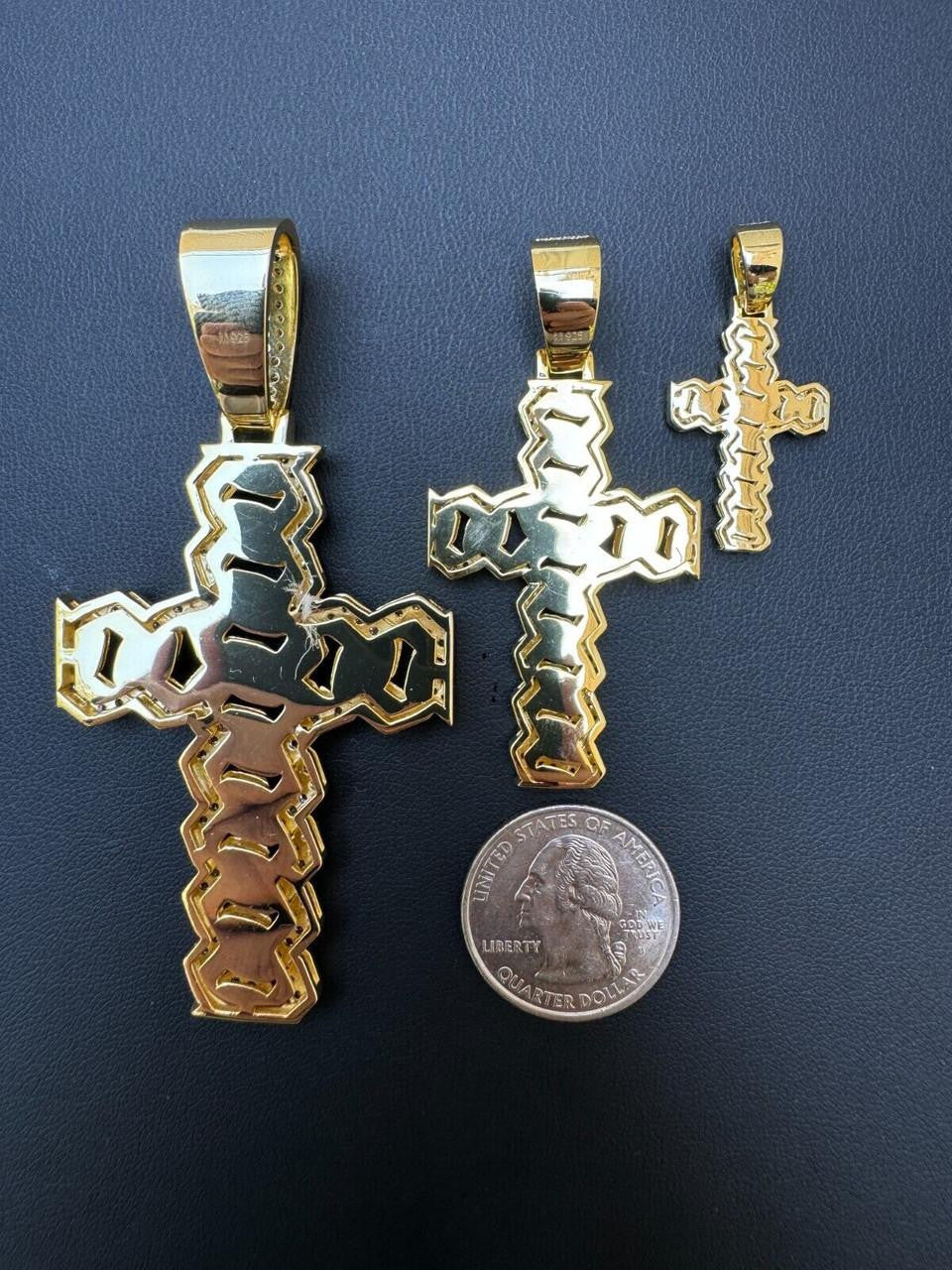 MOISSANITE Miami Cuban Prong Set Cross Pendant - 14k Gold Vermeil 925 Silver - 3 Sizes 1.25"-3.25"
