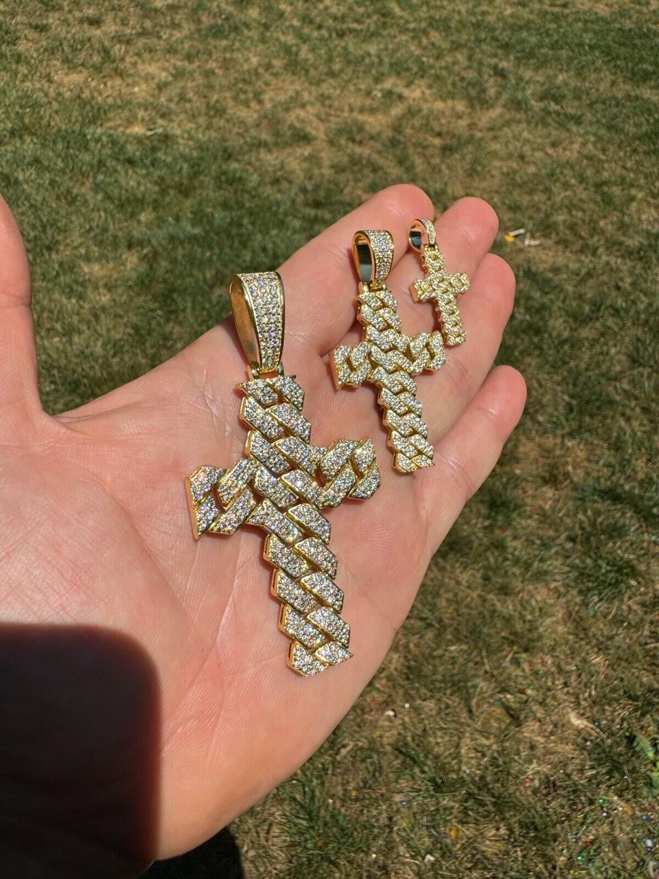 MOISSANITE Miami Cuban Prong Set Cross Pendant - 14k Gold Vermeil 925 Silver - 3 Sizes 1.25"-3.25"