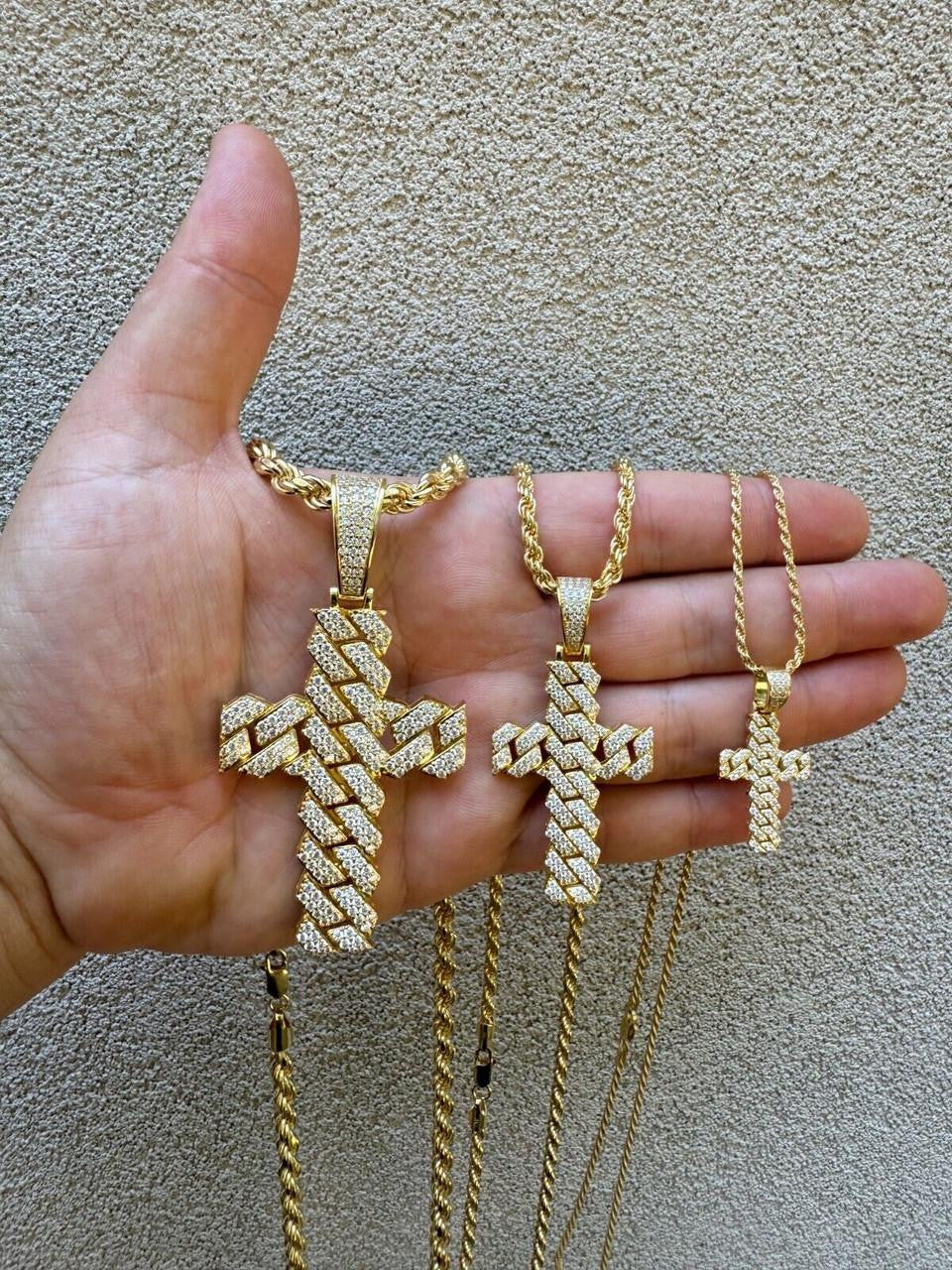 MOISSANITE Miami Cuban Prong Set Cross Pendant - 14k Gold Vermeil 925 Silver - 3 Sizes 1.25"-3.25"