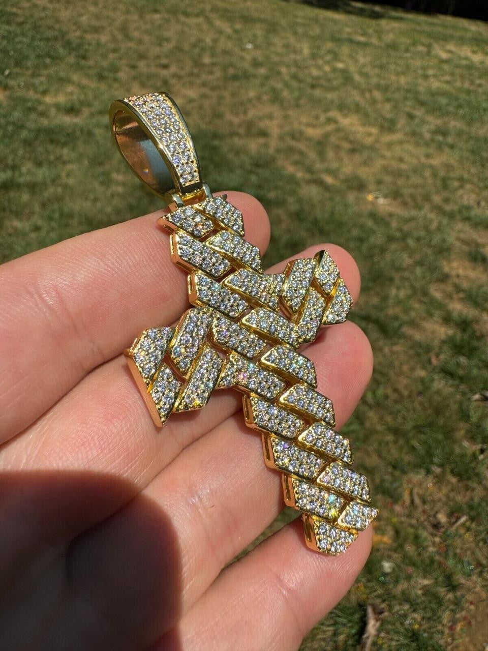 MOISSANITE Miami Cuban Prong Set Cross Pendant - 14k Gold Vermeil 925 Silver - 3 Sizes 1.25"-3.25"