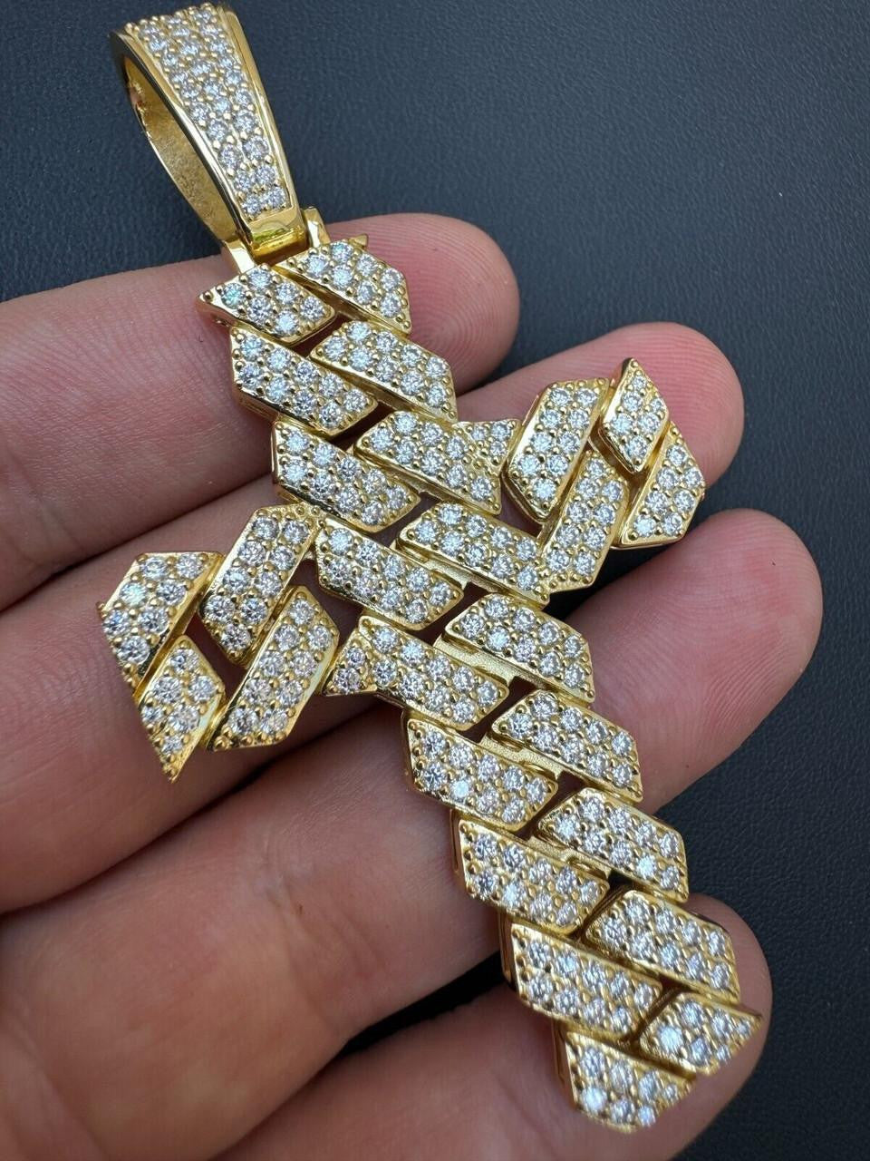 MOISSANITE Miami Cuban Prong Set Cross Pendant - 14k Gold Vermeil 925 Silver - 3 Sizes 1.25"-3.25"
