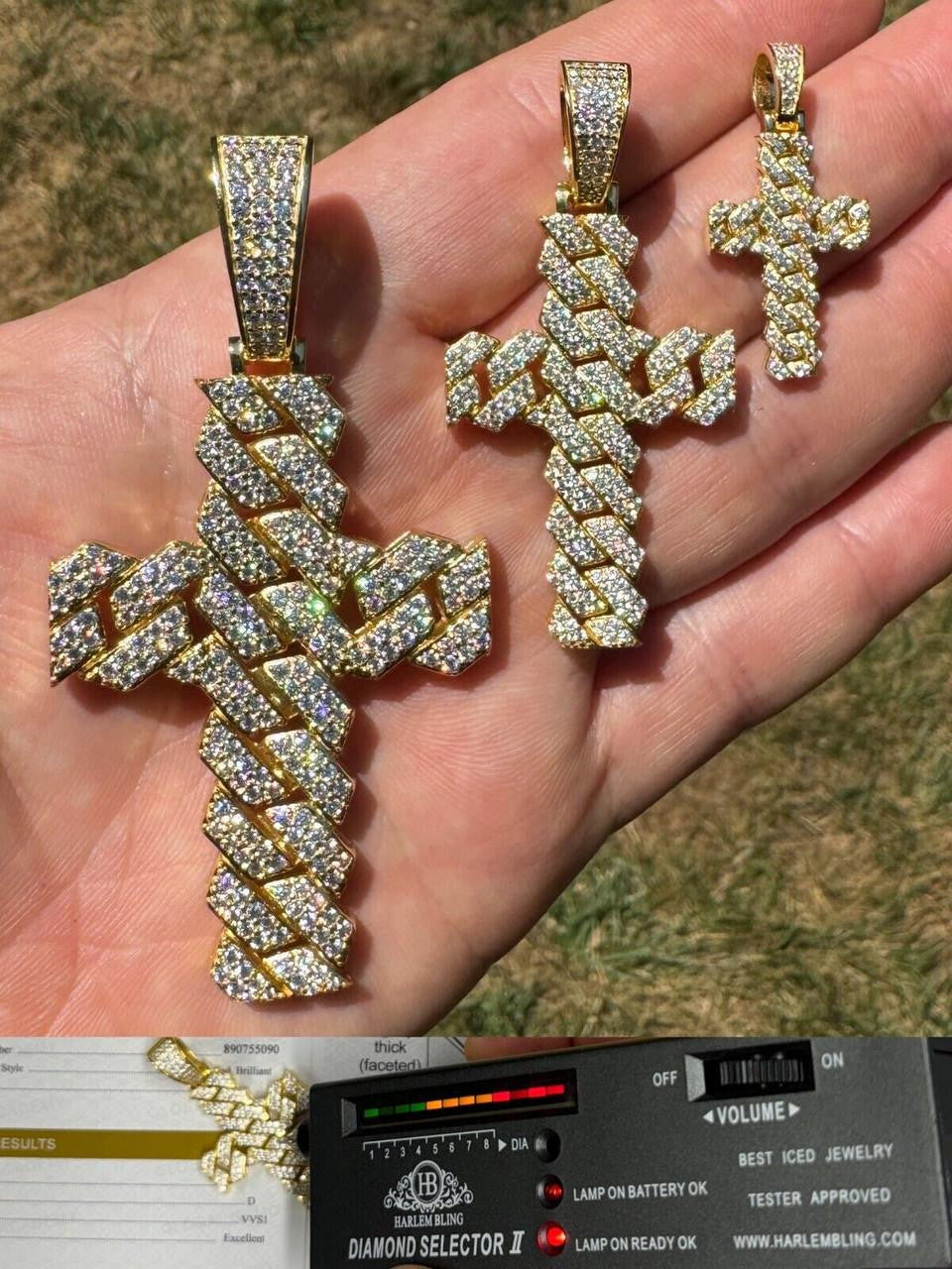 MOISSANITE Miami Cuban Prong Set Cross Pendant - 14k Gold Vermeil 925 Silver - 3 Sizes 1.25"-3.25"