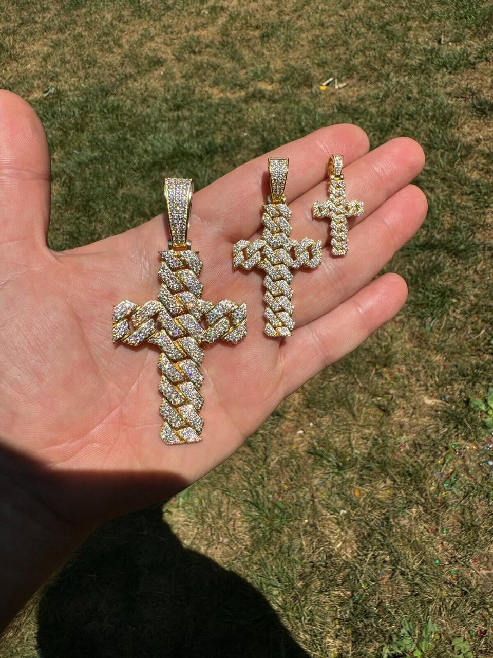 MOISSANITE Miami Cuban Prong Set Cross Pendant - 14k Gold Vermeil 925 Silver - 3 Sizes 1.25"-3.25"