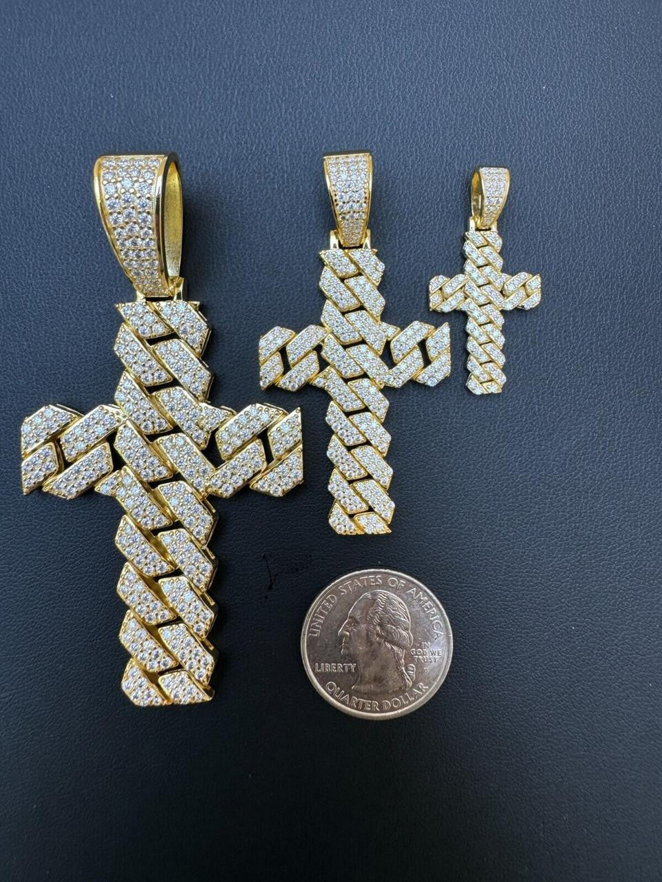 MOISSANITE Miami Cuban Prong Set Cross Pendant - 14k Gold Vermeil 925 Silver - 3 Sizes 1.25"-3.25"