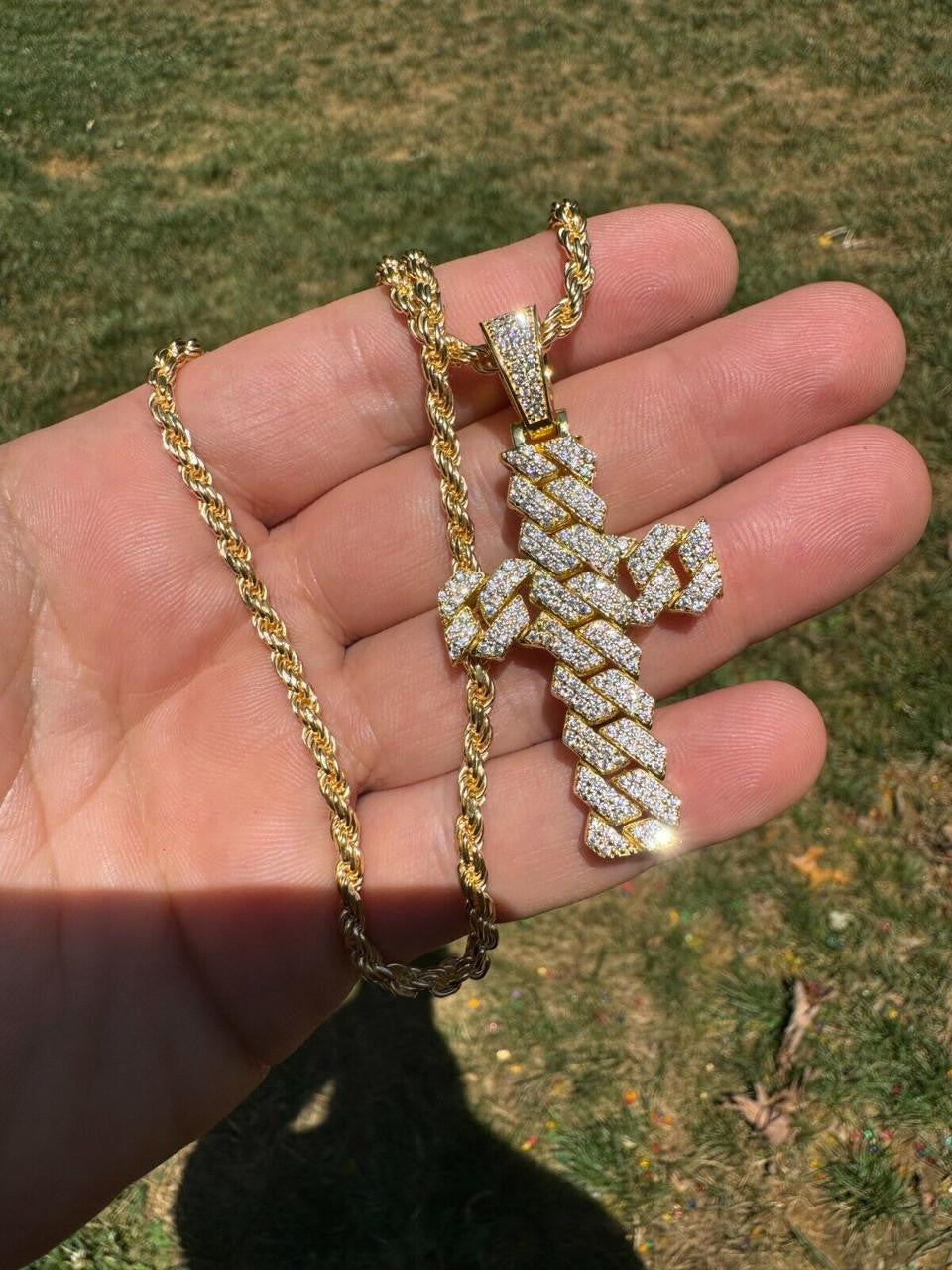 MOISSANITE Miami Cuban Prong Set Cross Pendant - 14k Gold Vermeil 925 Silver - 3 Sizes 1.25"-3.25"