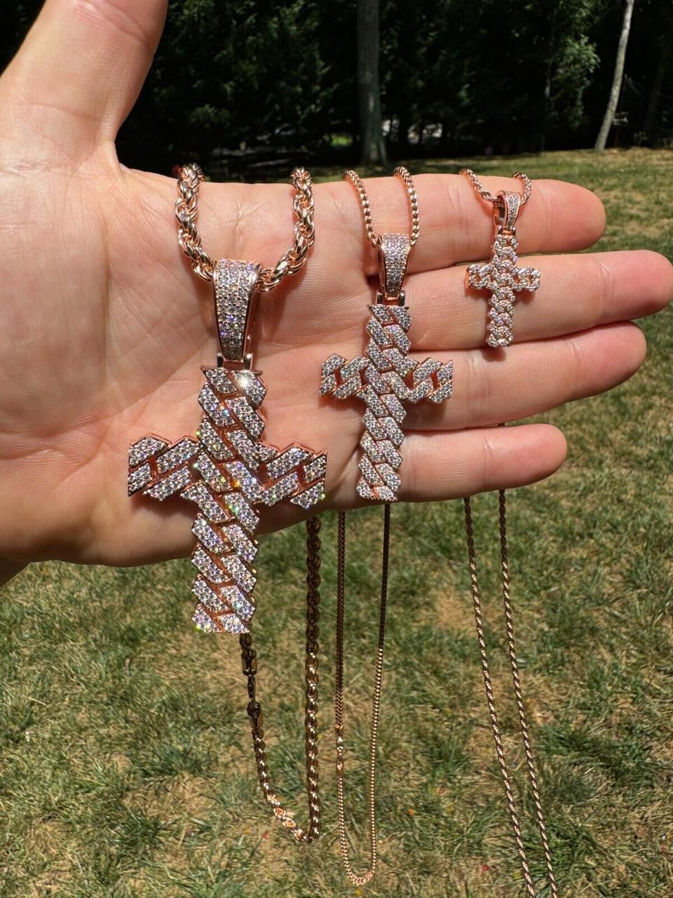 MOISSANITE Miami Cuban Prong Set Iced Out Cross Pendant - 14k Rose Gold Vermeil 925 Silver - 3 Sizes 1.25"-3.25"