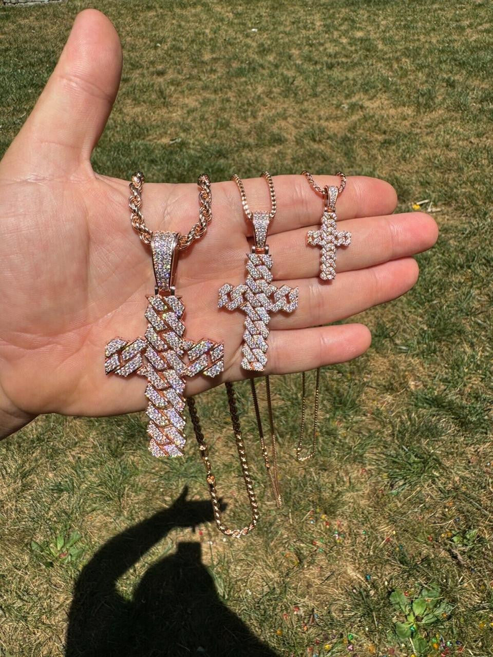 MOISSANITE Miami Cuban Prong Set Iced Out Cross Pendant - 14k Rose Gold Vermeil 925 Silver - 3 Sizes 1.25"-3.25"