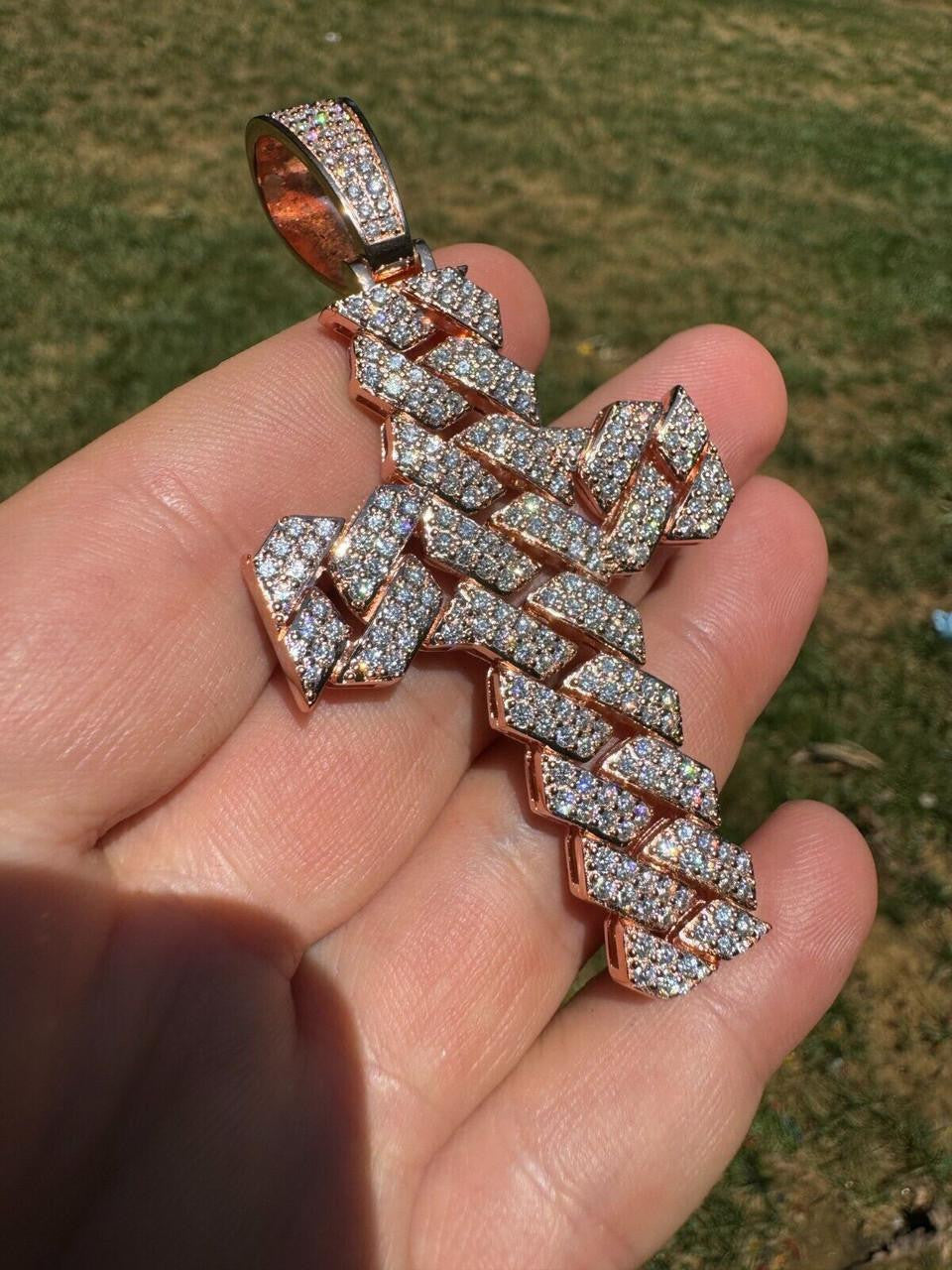 MOISSANITE Miami Cuban Prong Set Iced Out Cross Pendant - 14k Rose Gold Vermeil 925 Silver - 3 Sizes 1.25"-3.25"