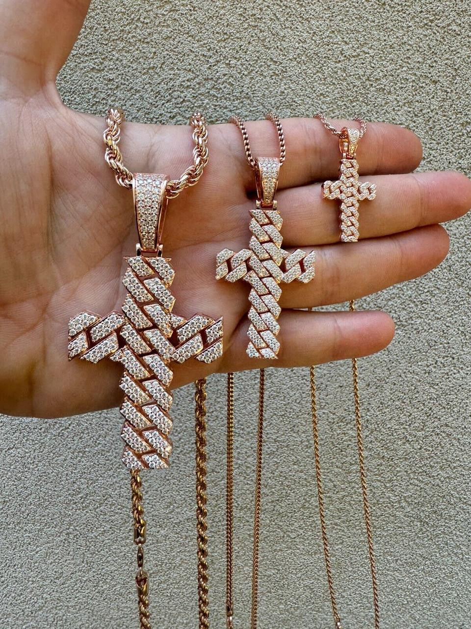 MOISSANITE Miami Cuban Prong Set Iced Out Cross Pendant - 14k Rose Gold Vermeil 925 Silver - 3 Sizes 1.25"-3.25"