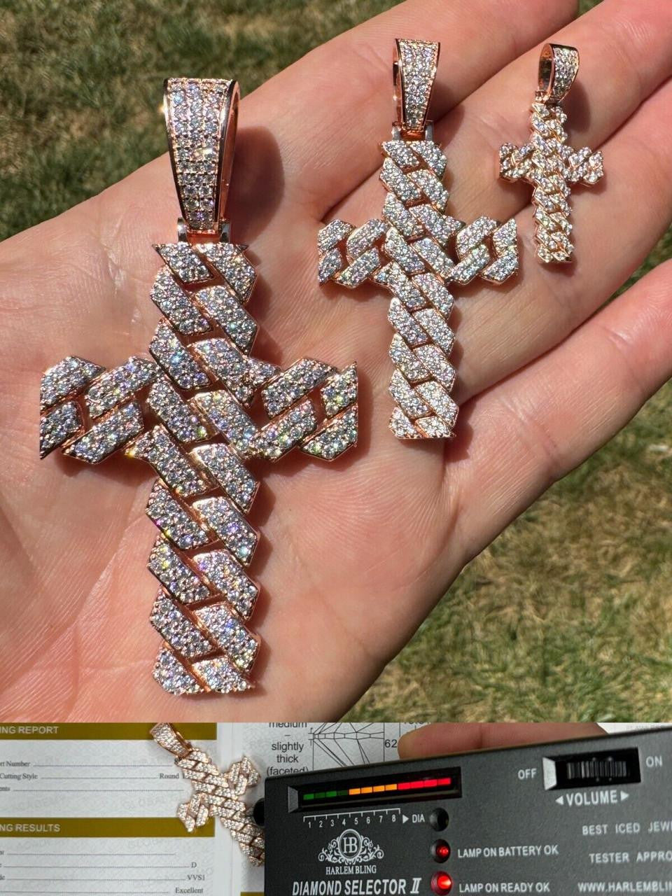 MOISSANITE Miami Cuban Prong Set Iced Out Cross Pendant - 14k Rose Gold Vermeil 925 Silver - 3 Sizes 1.25"-3.25"