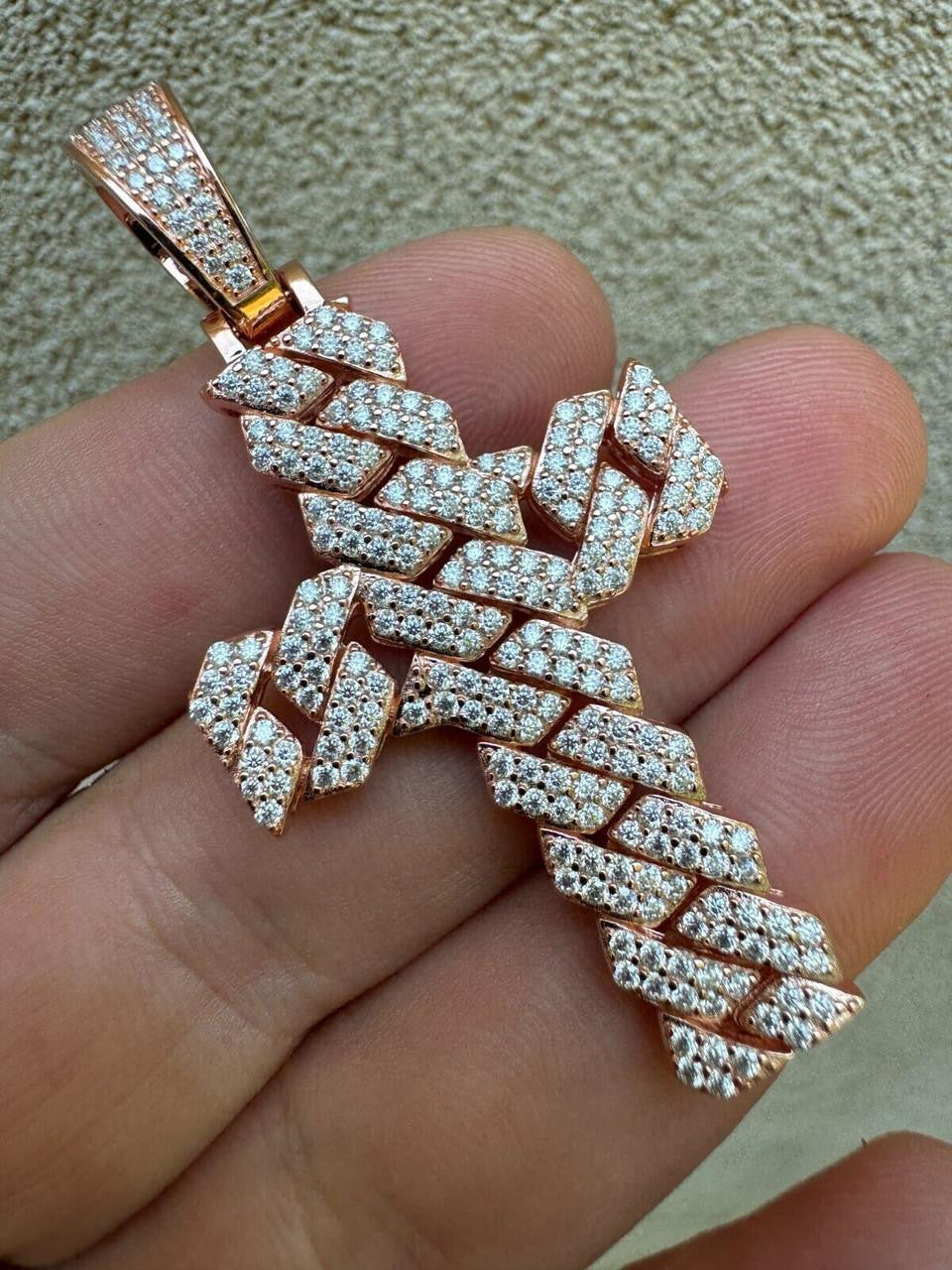 MOISSANITE Miami Cuban Prong Set Iced Out Cross Pendant - 14k Rose Gold Vermeil 925 Silver - 3 Sizes 1.25"-3.25"