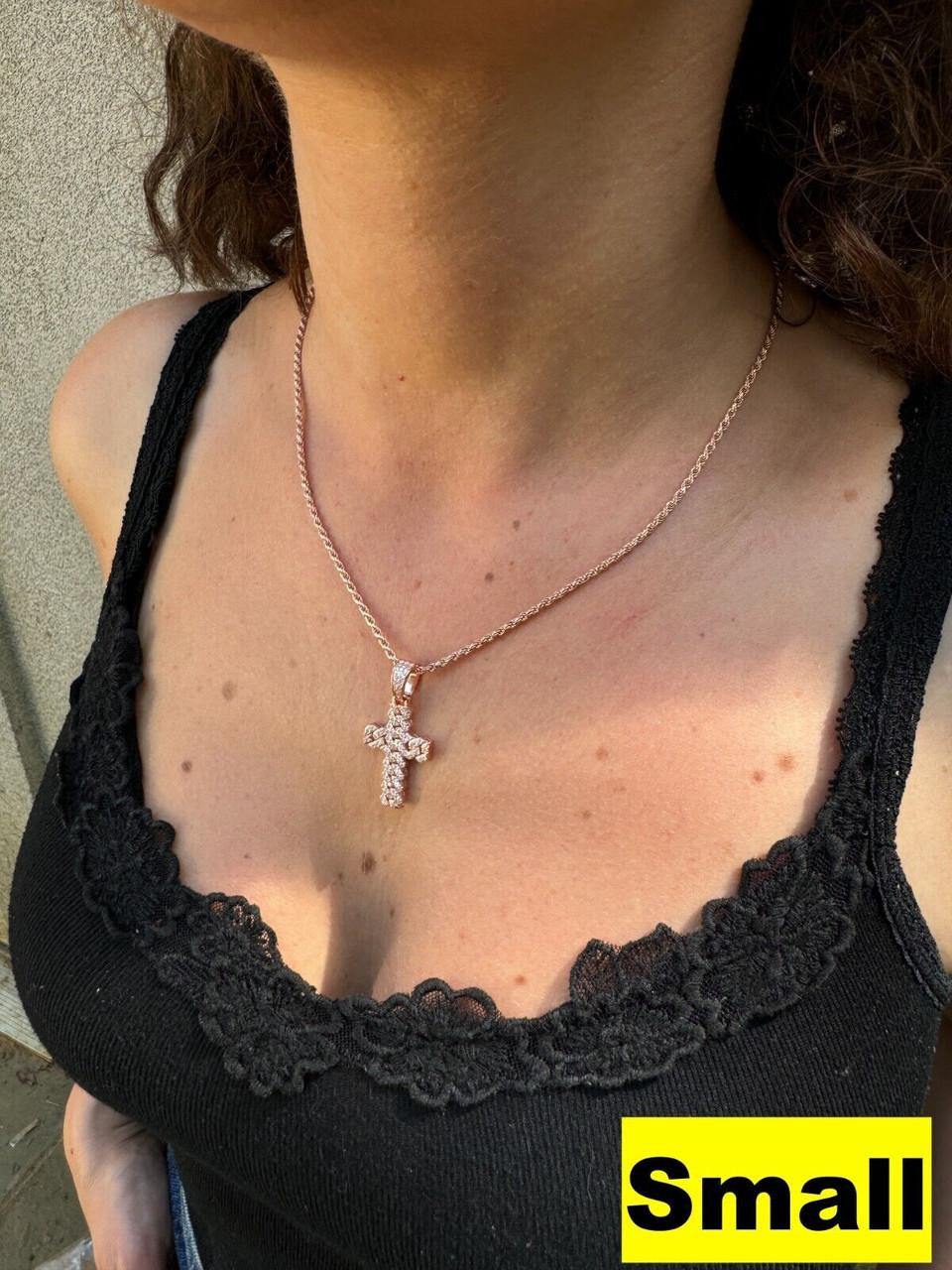 MOISSANITE Miami Cuban Prong Set Iced Out Cross Pendant - 14k Rose Gold Vermeil 925 Silver - 3 Sizes 1.25"-3.25"
