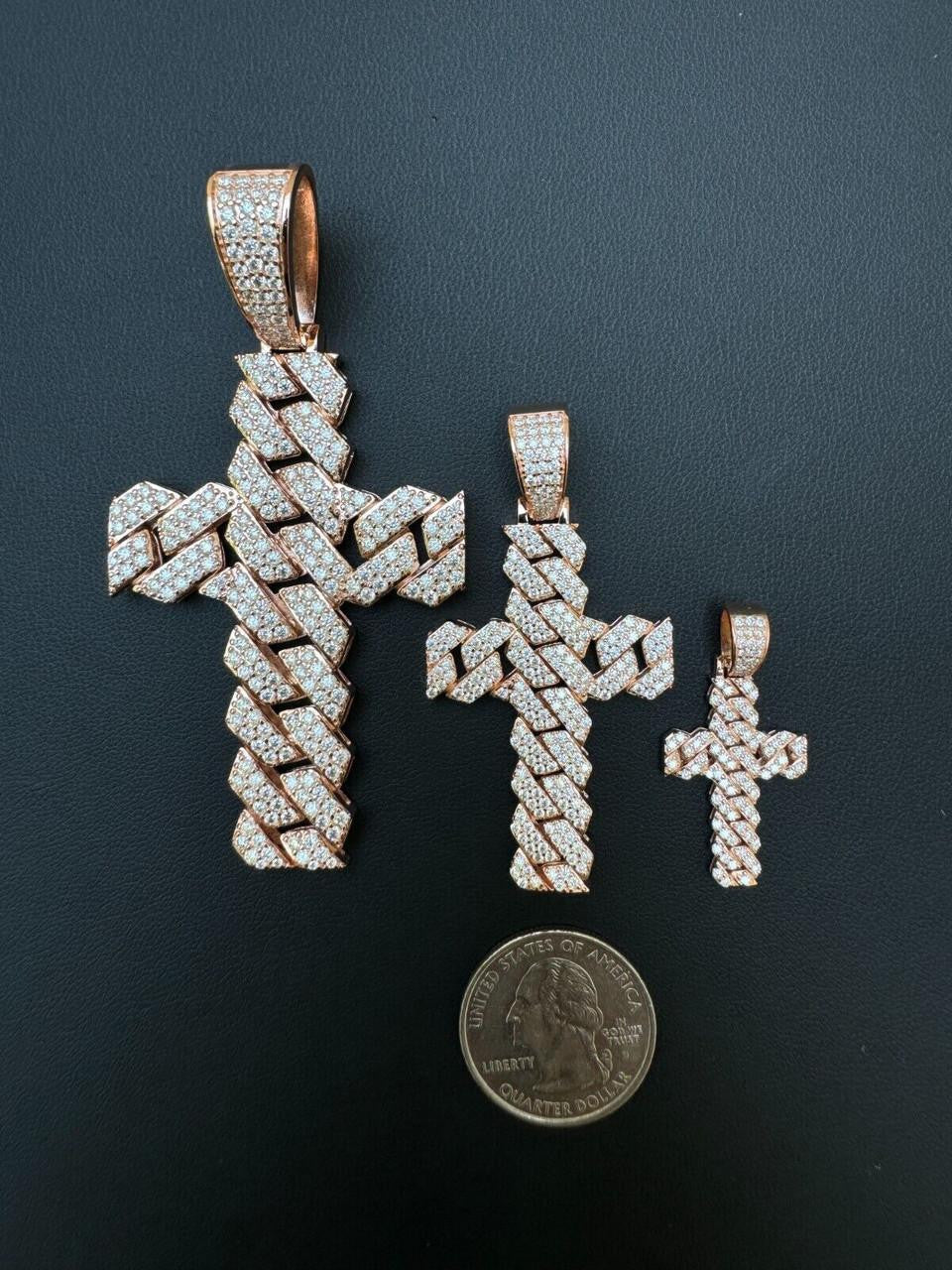 MOISSANITE Miami Cuban Prong Set Iced Out Cross Pendant - 14k Rose Gold Vermeil 925 Silver - 3 Sizes 1.25"-3.25"