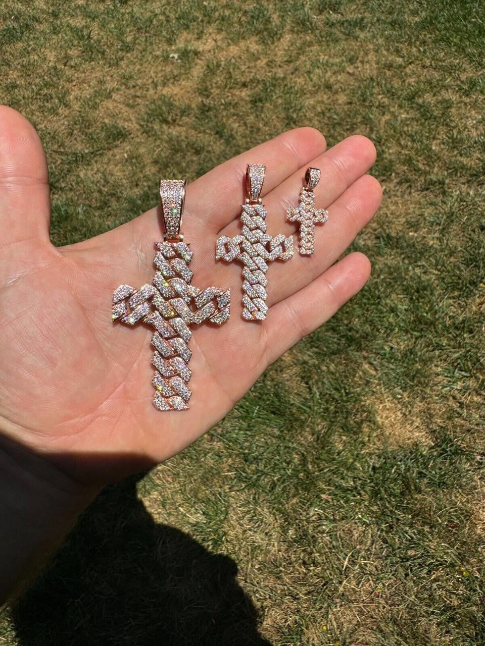 MOISSANITE Miami Cuban Prong Set Iced Out Cross Pendant - 14k Rose Gold Vermeil 925 Silver - 3 Sizes 1.25"-3.25"