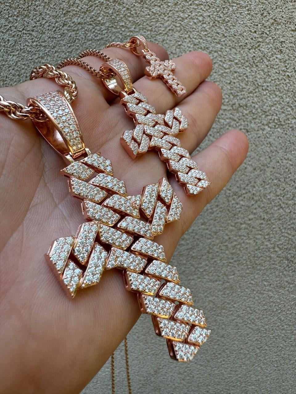 MOISSANITE Miami Cuban Prong Set Iced Out Cross Pendant - 14k Rose Gold Vermeil 925 Silver - 3 Sizes 1.25"-3.25"
