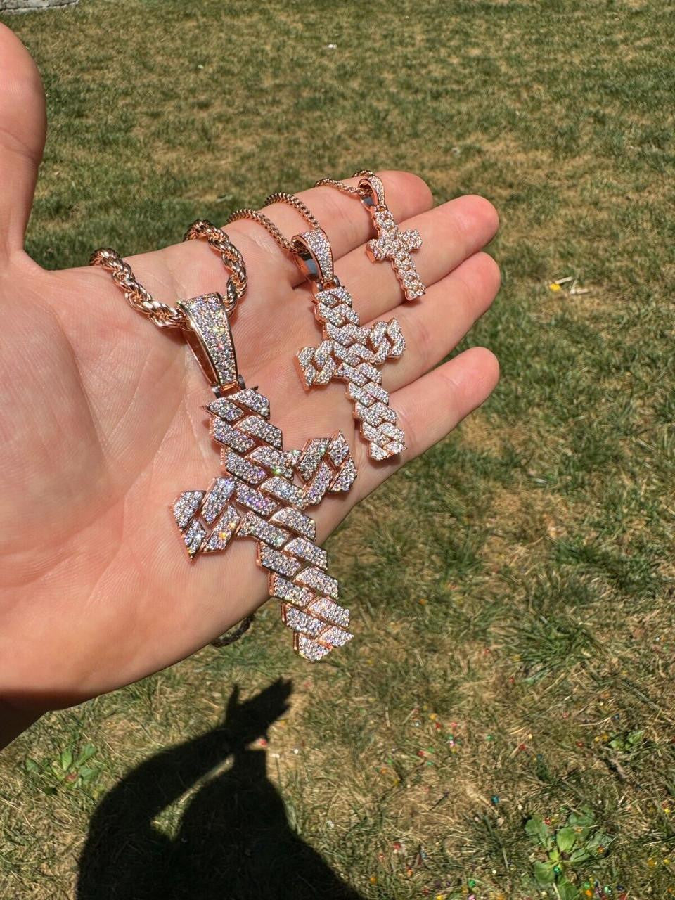 MOISSANITE Miami Cuban Prong Set Iced Out Cross Pendant - 14k Rose Gold Vermeil 925 Silver - 3 Sizes 1.25"-3.25"