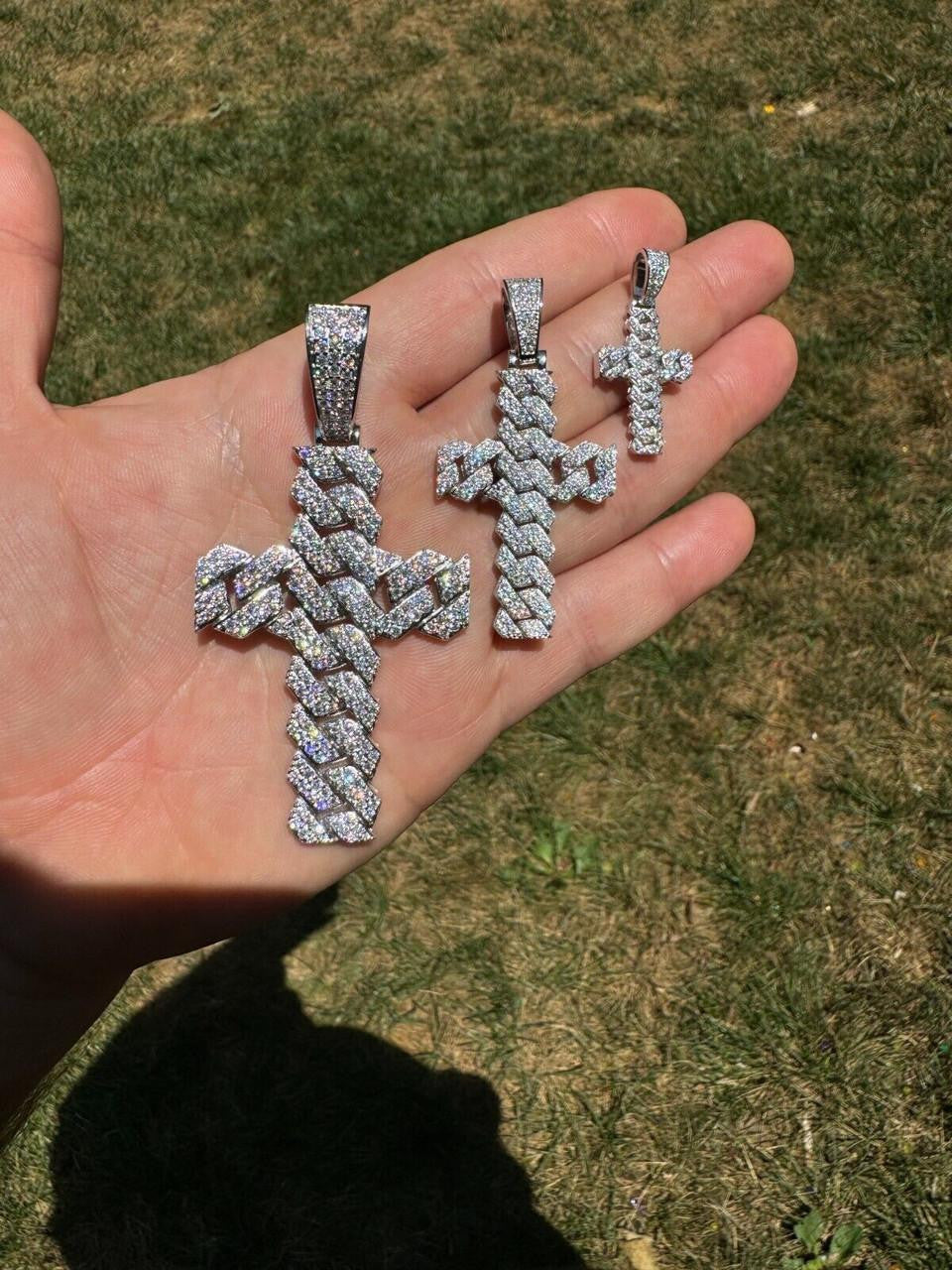 MOISSANITE Miami Cuban Prong Set Iced Out Cross Pendant - 925 Silver - 3 Sizes 1.25"-3.25"