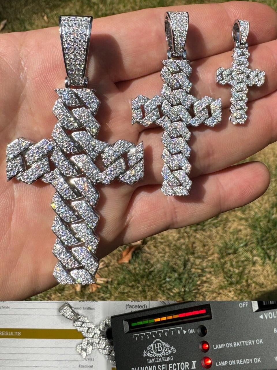 MOISSANITE Miami Cuban Prong Set Iced Out Cross Pendant - 925 Silver - 3 Sizes 1.25"-3.25"