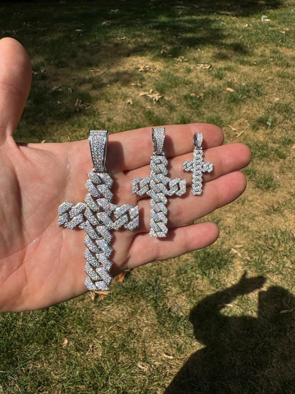 MOISSANITE Miami Cuban Prong Set Iced Out Cross Pendant - 925 Silver - 3 Sizes 1.25"-3.25"