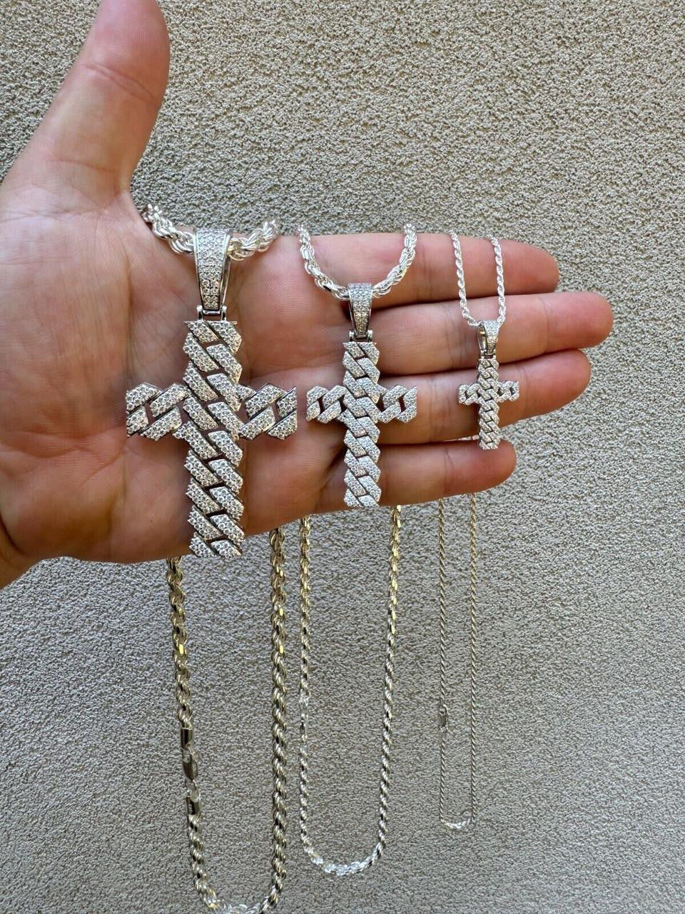 MOISSANITE Miami Cuban Prong Set Iced Out Cross Pendant - 925 Silver - 3 Sizes 1.25"-3.25"