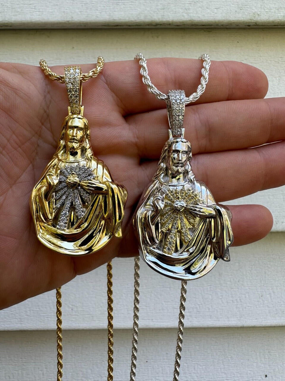 MOISSANITE Sacred Heart Jesus Pendant - 14k Gold Vermeil Or 925 Silver - Large 2.5"