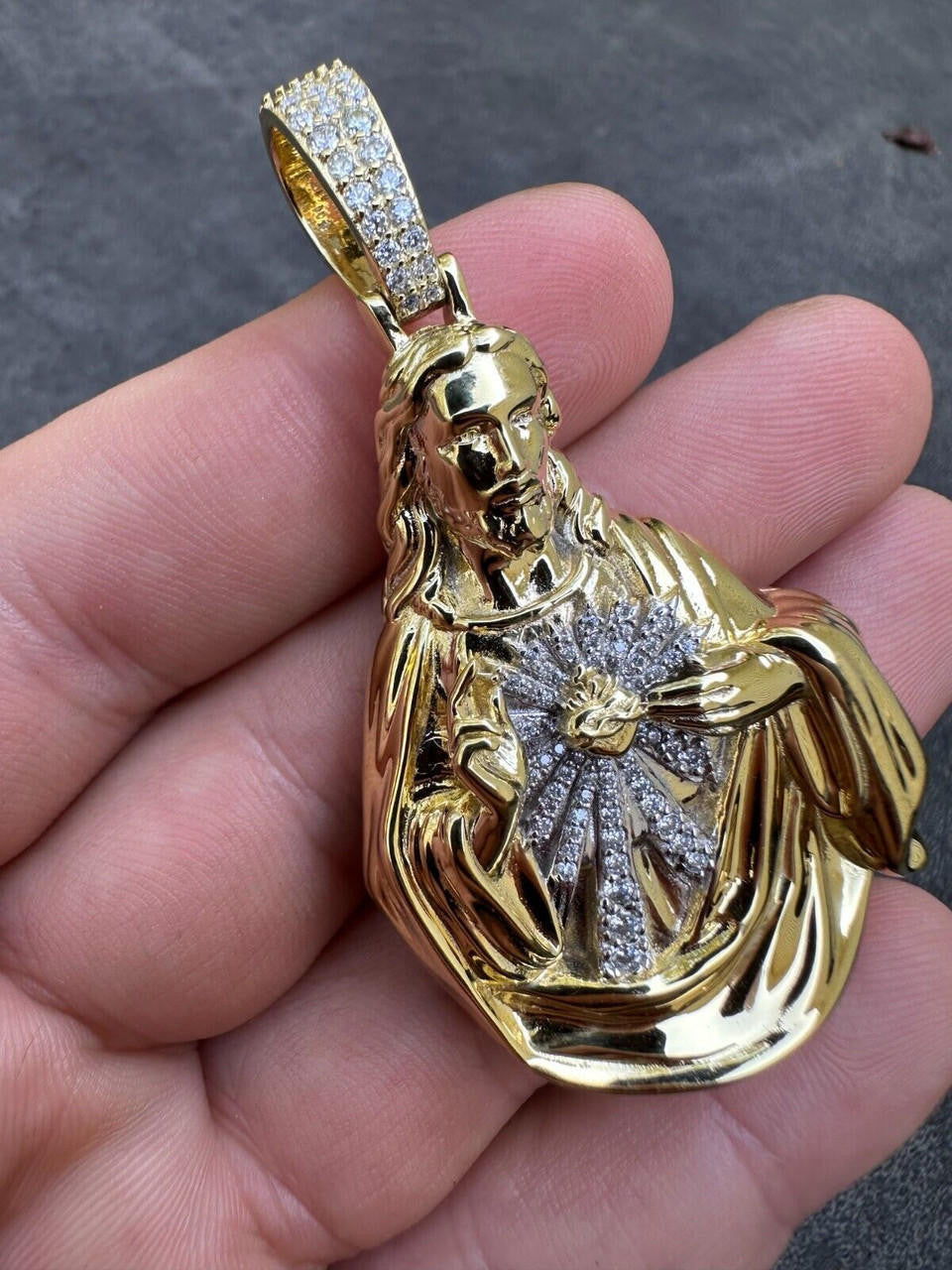 MOISSANITE Sacred Heart Jesus Pendant - 14k Gold Vermeil Or 925 Silver - Large 2.5"